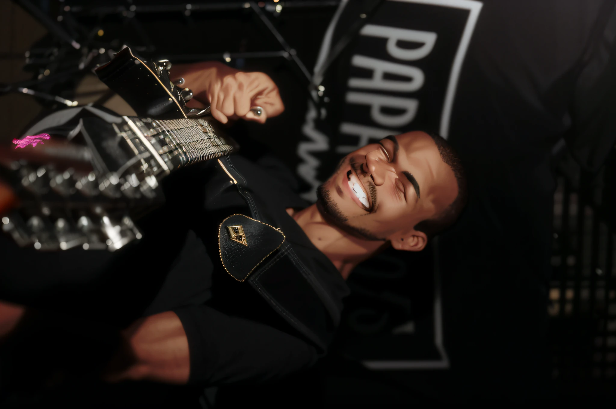 There is a man who is with a guitar in his hand, swinging, Cedric Payravernay, performing on stage, playing guitar on stage, man playing guitar, live performance, POV photo, Maximus Jacobs, Malika Favre, guitarist, Caio Santos, Pablo Perdomo, Joe Alves, taken with a Canon EOS 5D, delicate, masterpiece, beautiful detailed, colorful, finely detailed, detailed lips, intricate details,  (1black man: 1.1), (rock idol), (50mm Sigma f/1.4 ZEISS lens, F1.4, 1/800s, ISO 100, fotograpy: 1.1), (photorealistic: 1.1), solo, looking_at_viewer, black man, happy smile, from_front,