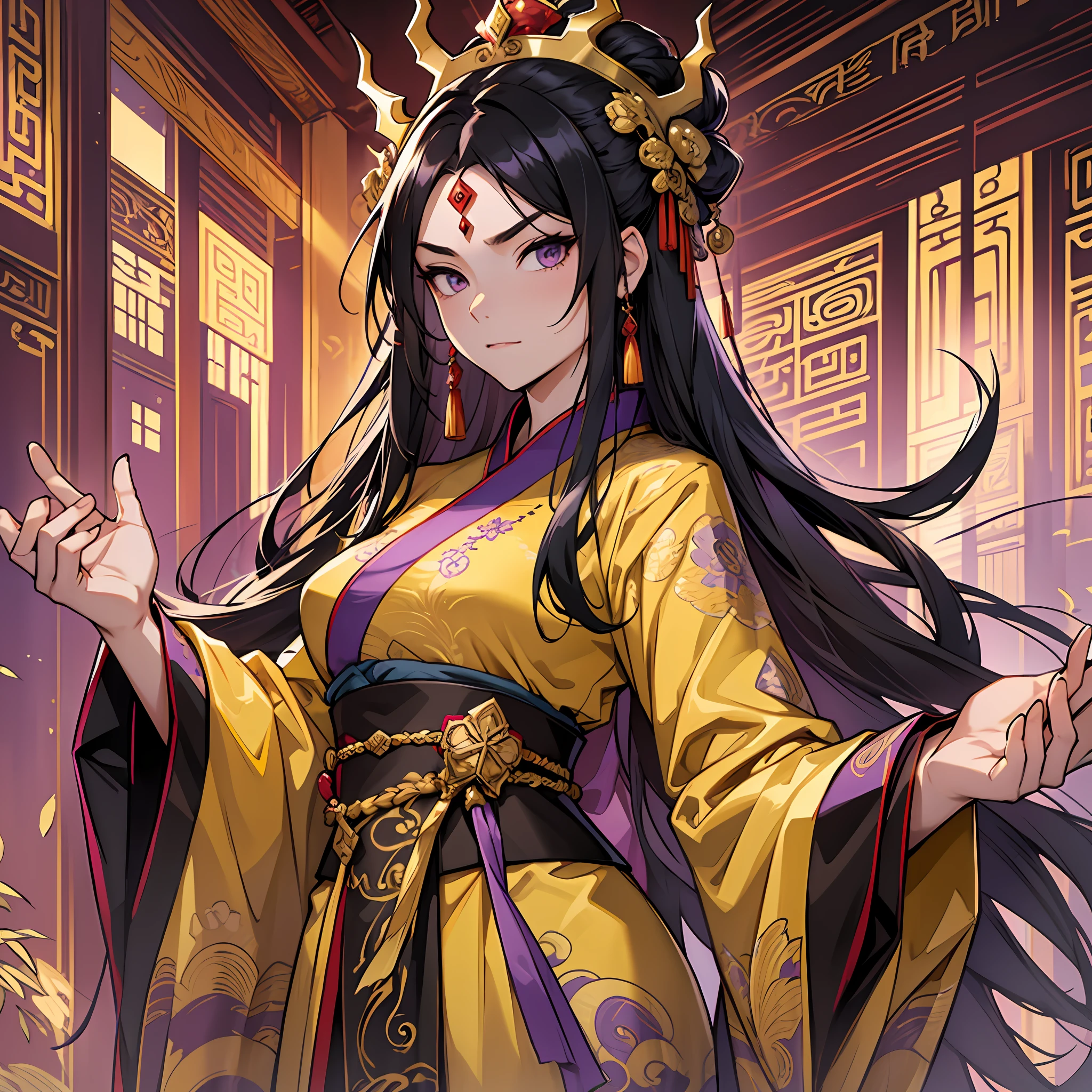 A woman, (female), wearing a yellow dragon robe, empress, wearing a purple-gold crown, a serious face, long black hair, Hanfu, ancient, court background, palace hall