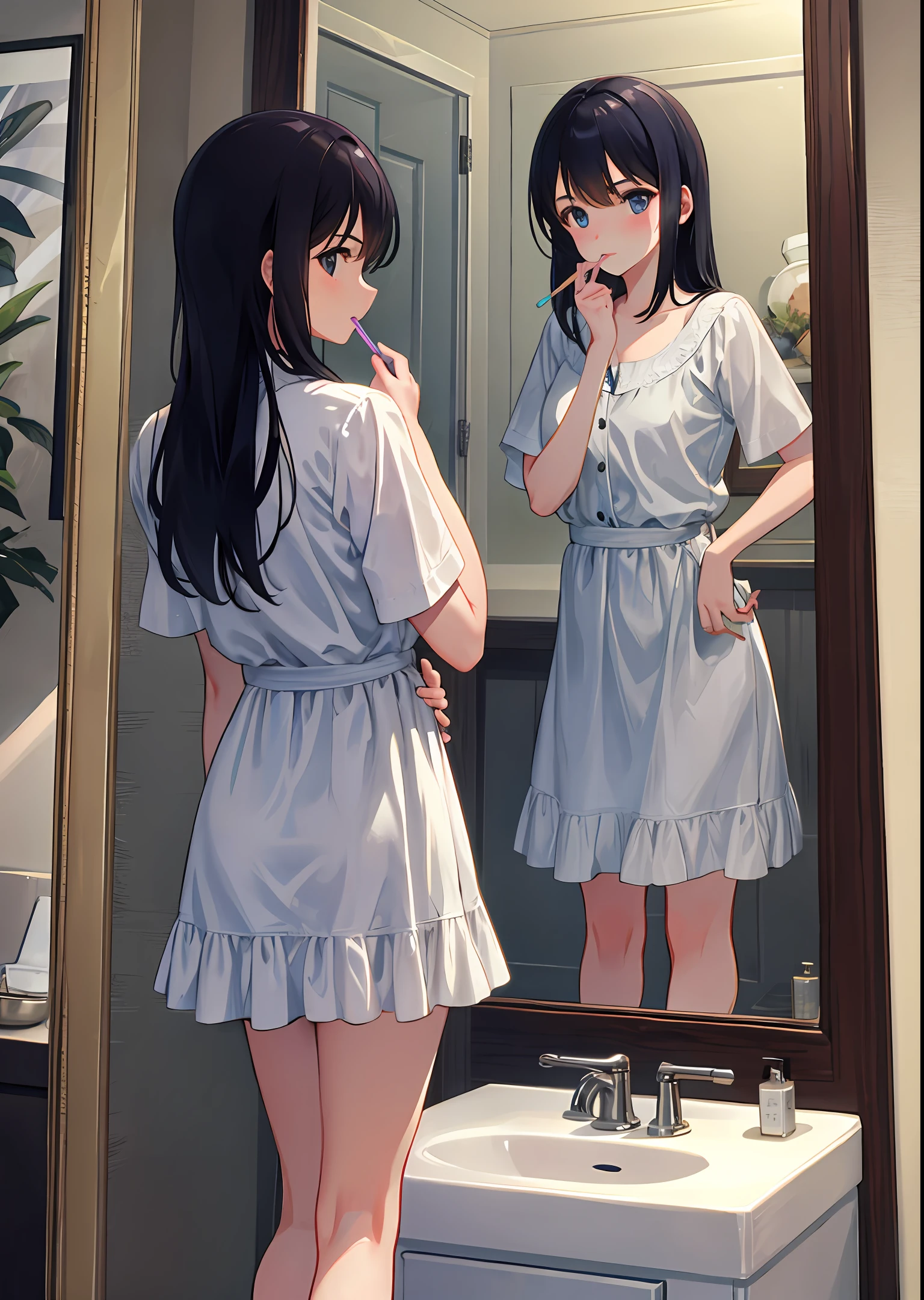 A girl stands on a washstand, looking in the mirror, brushing her teeth, holding a cup in her left hand. Right hand hey