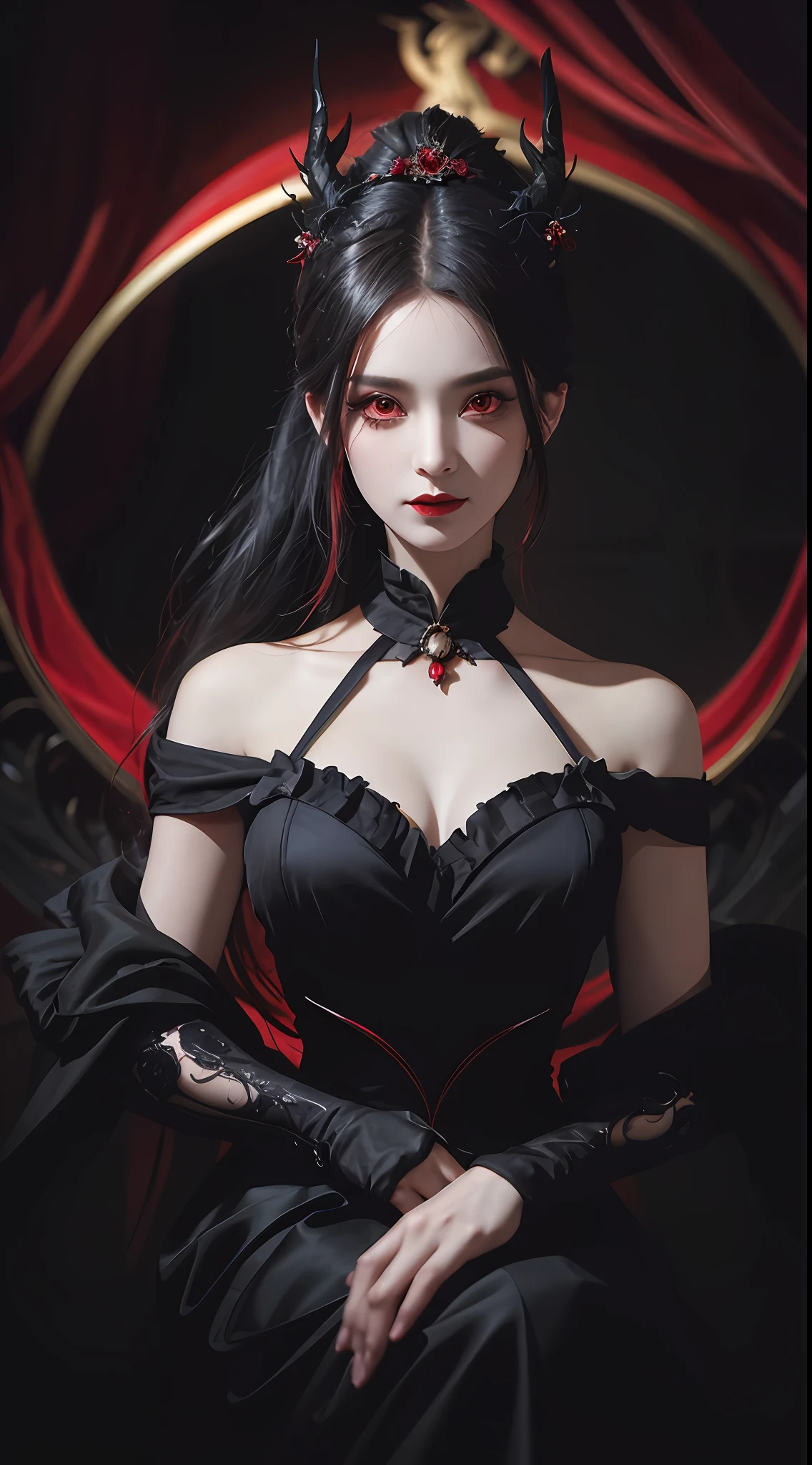 1 beautiful devil woman from hell, In the Dark: 1.6), surreal female portrait by David Hockney and Alphonse Mucha, fantasy art, korea doll, photorealism, dynamic lighting, artstation, poster, volumetric lighting, very detailed faces, 8k ultra, Awarded, in the dark, deep shadow, low key, cowboy lens, (Red phoenix dress: 1.4), long hair, black hair, bust, luxurious palace, Royal style, devil  crown, red eyes make up very sharp and detailed, The most beautiful face, big and regular breasts, Super realistic, chinese women's clothing, polo neck sweater, Charming smile, The eyes are very well made up, guweiz, devil style, wearing black mesh socks, Ponytail with a bow tied at the back of the hair, Red black lips, Devil tattoo on shoulder, wearing a thin red and black robe, the landscape is overcast and thunderous, (Portrait), Close-up of the main character, (Background details 1.8),