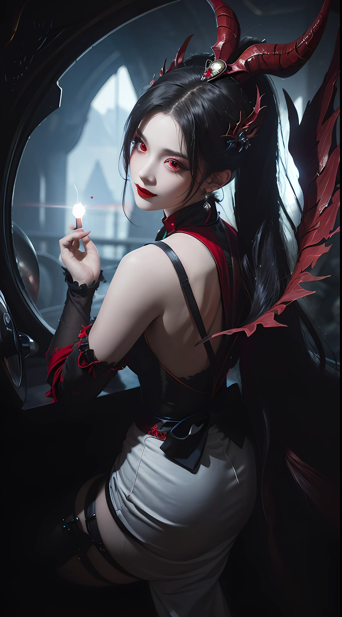 1 beautiful devil woman from hell, In the Dark: 1.6), surreal female portrait by David Hockney and Alphonse Mucha, fantasy art, korea doll, photorealism, dynamic lighting, artstation, poster, volumetric lighting, very detailed faces, 8k ultra, Awarded, in the dark, deep shadow, low key, cowboy lens, (Red phoenix dress: 1.4), long hair, black hair, bust, luxurious palace, Royal style, devil crown, red eyes make up very sharp and detailed, The most beautiful face, big and regular breasts, Super realistic, chinese women's clothing, polo neck sweater, Charming smile, The eyes are very well made up, guweiz, devil style, wearing black mesh socks, Ponytail with a bow tied at the back of the hair, Red black lips, Devil tattoo on shoulder, wearing a thin red and black robe, the landscape is overcast and thunderous, (Portrait), Close-up of the main character, (Background details 1.8),