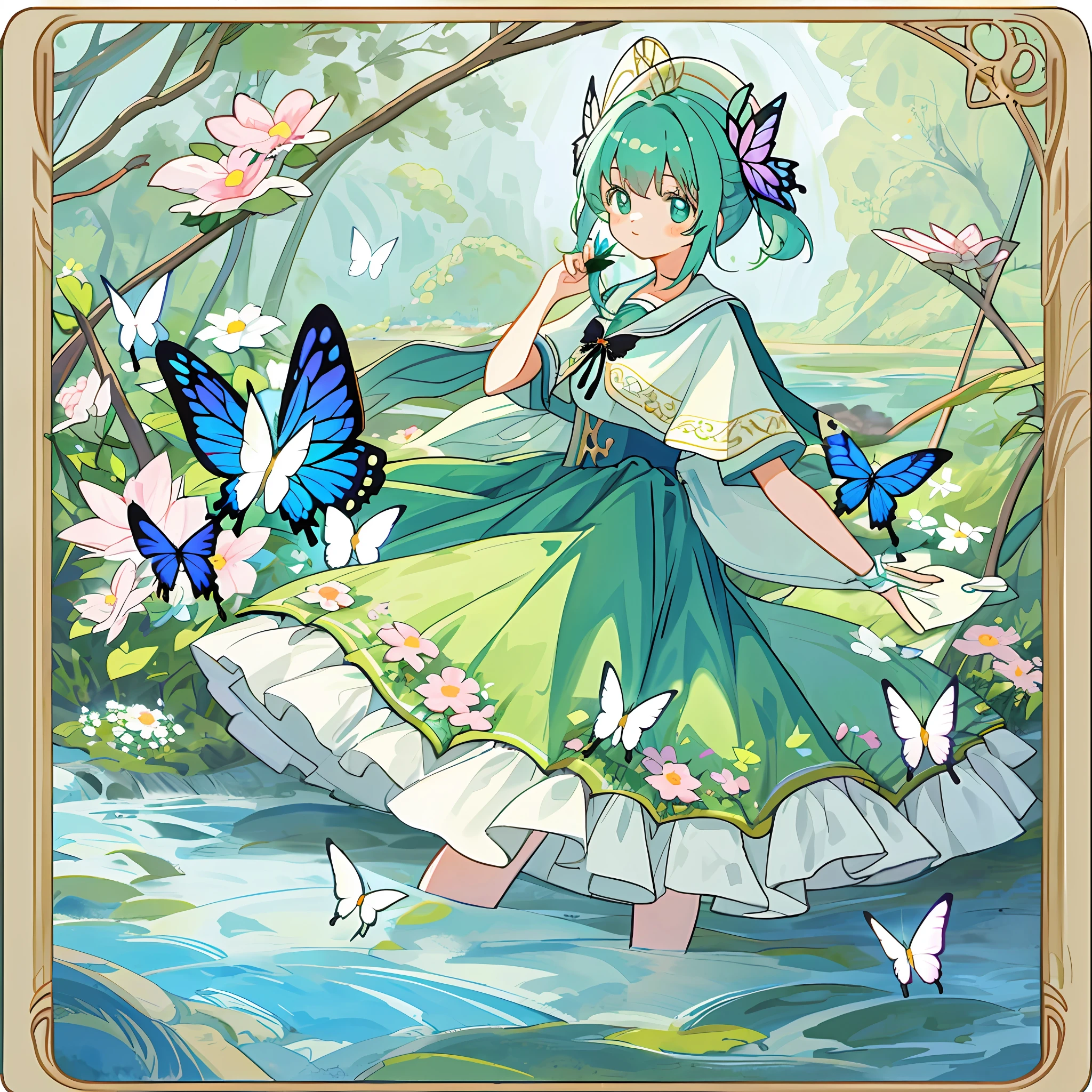 Girl cute pose, in a florest with a river, holding a flower, butterflies arround