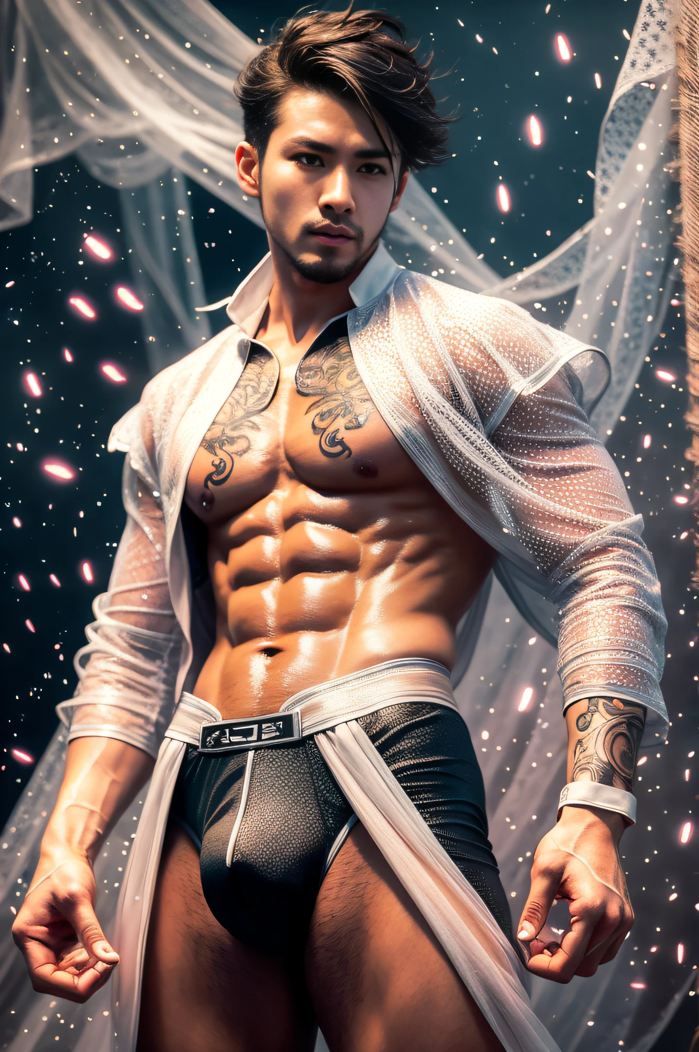 Handsome guy, 25 years old, Asian, master work, best picture quality, higher quality, high detail, super high resolution, 8k resolution, delicate facial features, boy, big muscles, tattoos, glowing eyes, short hair, hair details, [[Look away, look to the side, emphasize homosexuality and pay attention to every detail , open Hanfu transparent tulle jacket, white rubber pants, night, starry sky, flying flowers. Waterfalls, mountains, circling dragons, Chinese courtyard background (((((crotch bulge)))))