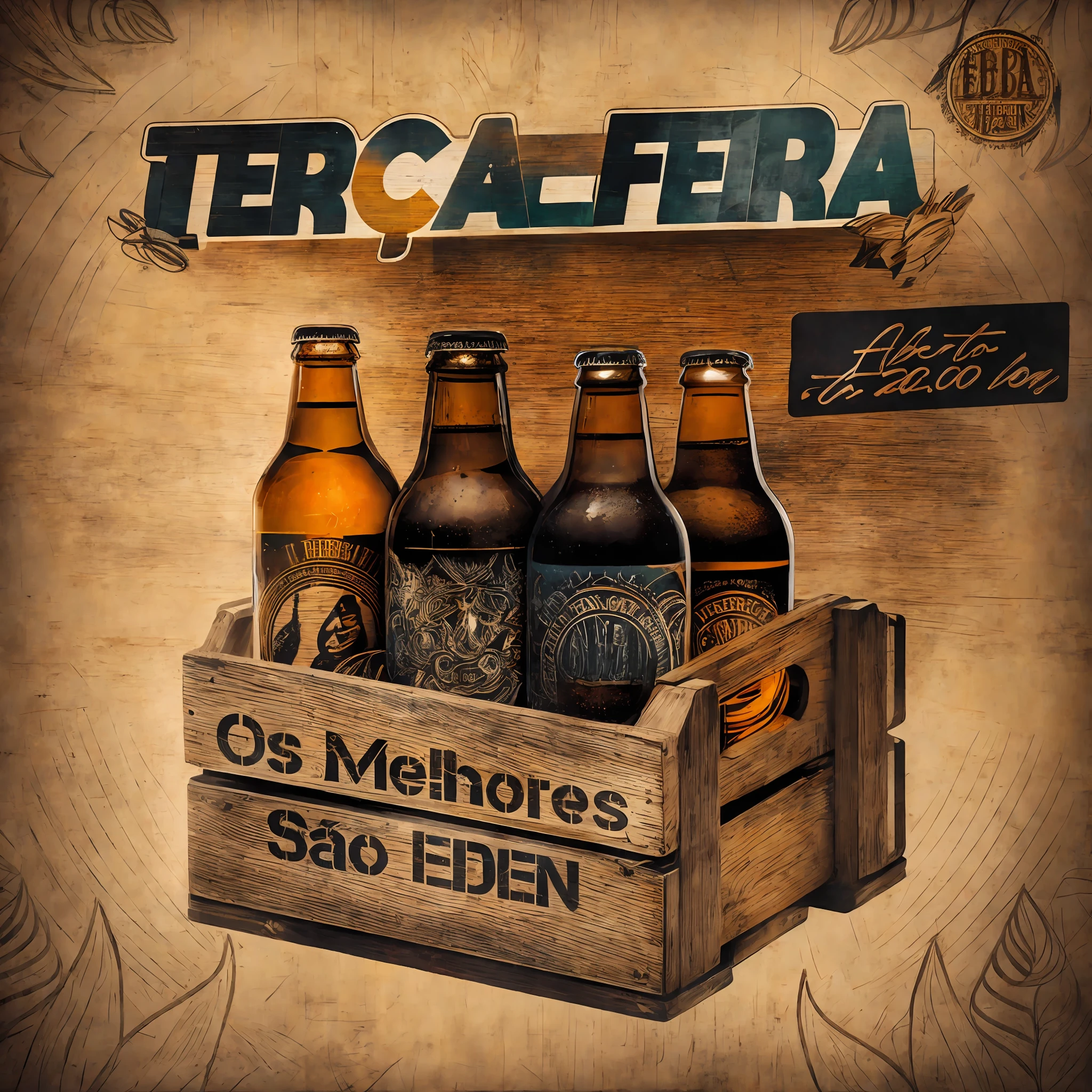 there are three bottles of beer in a wooden crate, eterea, album art cover, album artwork, best on adobe stock, dan eder, album art, adreas rocha, by Félix Ziem, alexandre ferra, terem, david rios ferreira, beer, eeire mood, eeire, threyda, terraced, by Emerson Silva