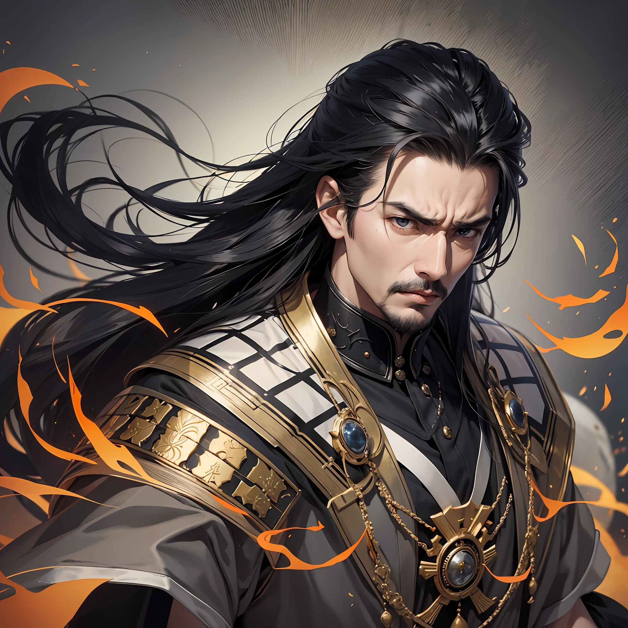 Warring States period, emperor, 40s, very strong, dignified, stern gaze, anger, battle, dynamic wallpaper, 8k, very delicate, very dense, bright color, black hair, majesty of a king, upper body, chest up