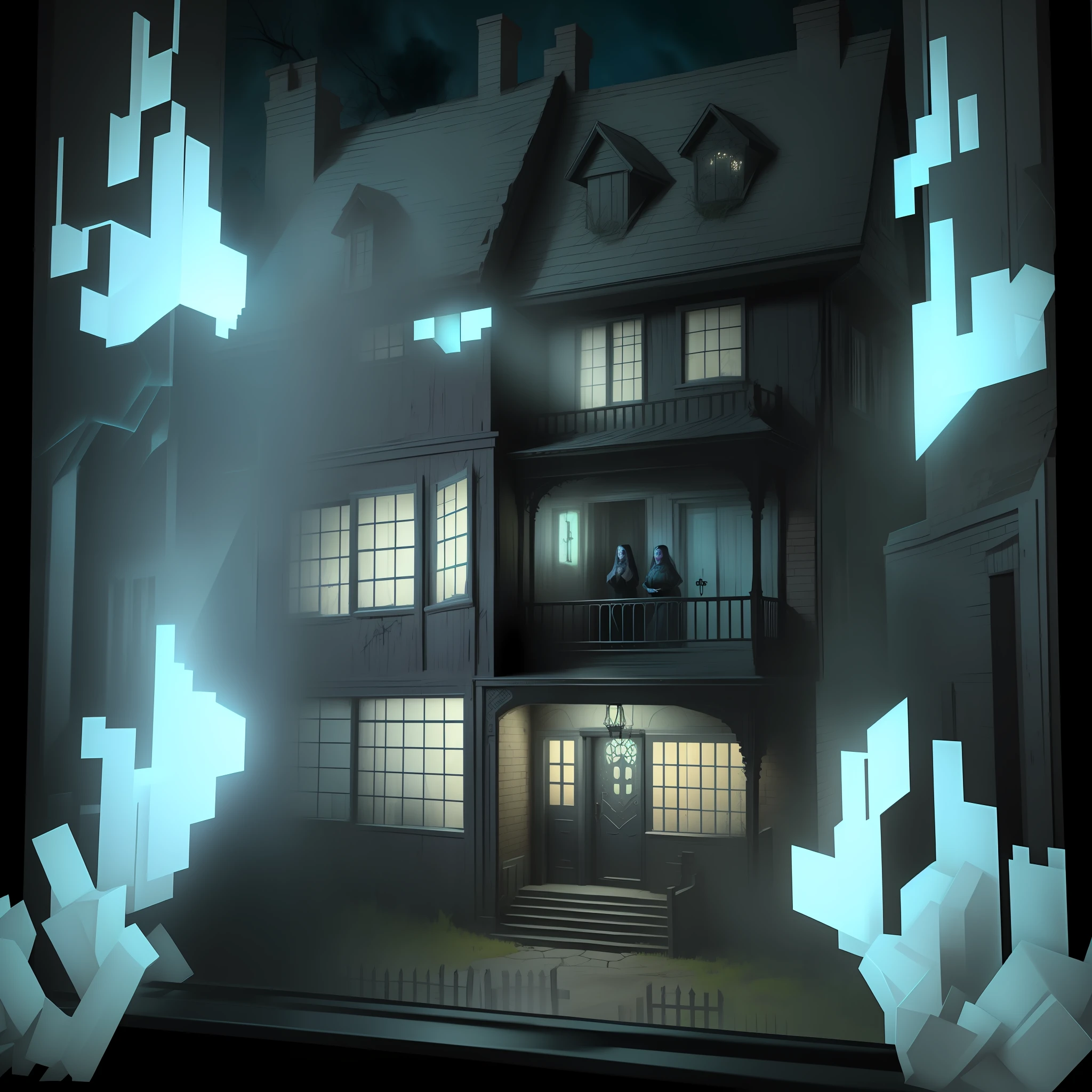 haunted house isometric 8k best quality scared woman party beer lights digital electronic glass