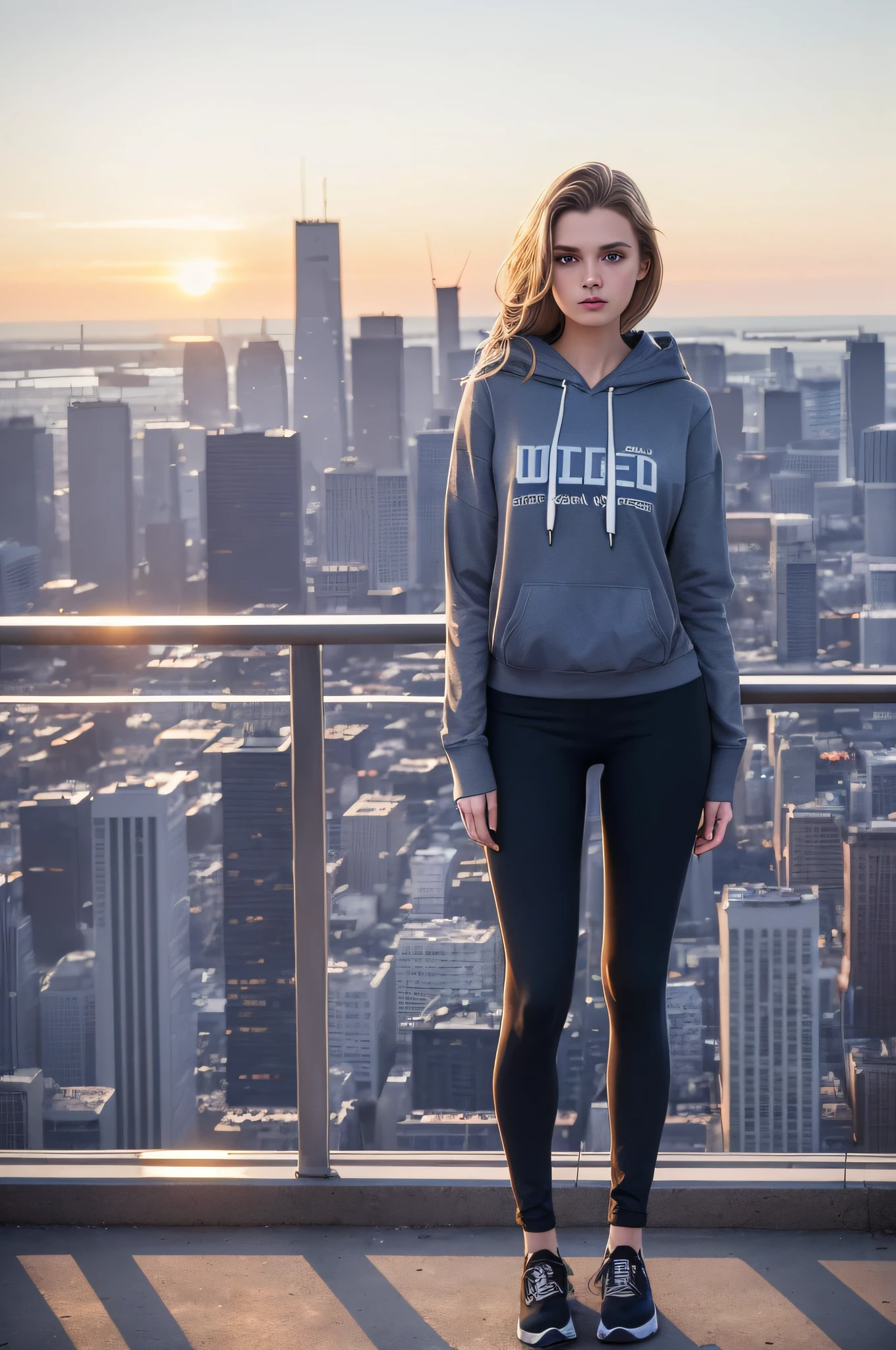 photo of 22 year old beautiful woman wearing casual shirt with a hoodie and leggings standing in front of a city skyline at sunrise, messy medium hair, slim body, medium upper body shot, looking at the camera, short smile, shallow depth of field, 8k uhd, dslr, soft lighting, high quality, photorealistic, realism, hyperrealism, art photography