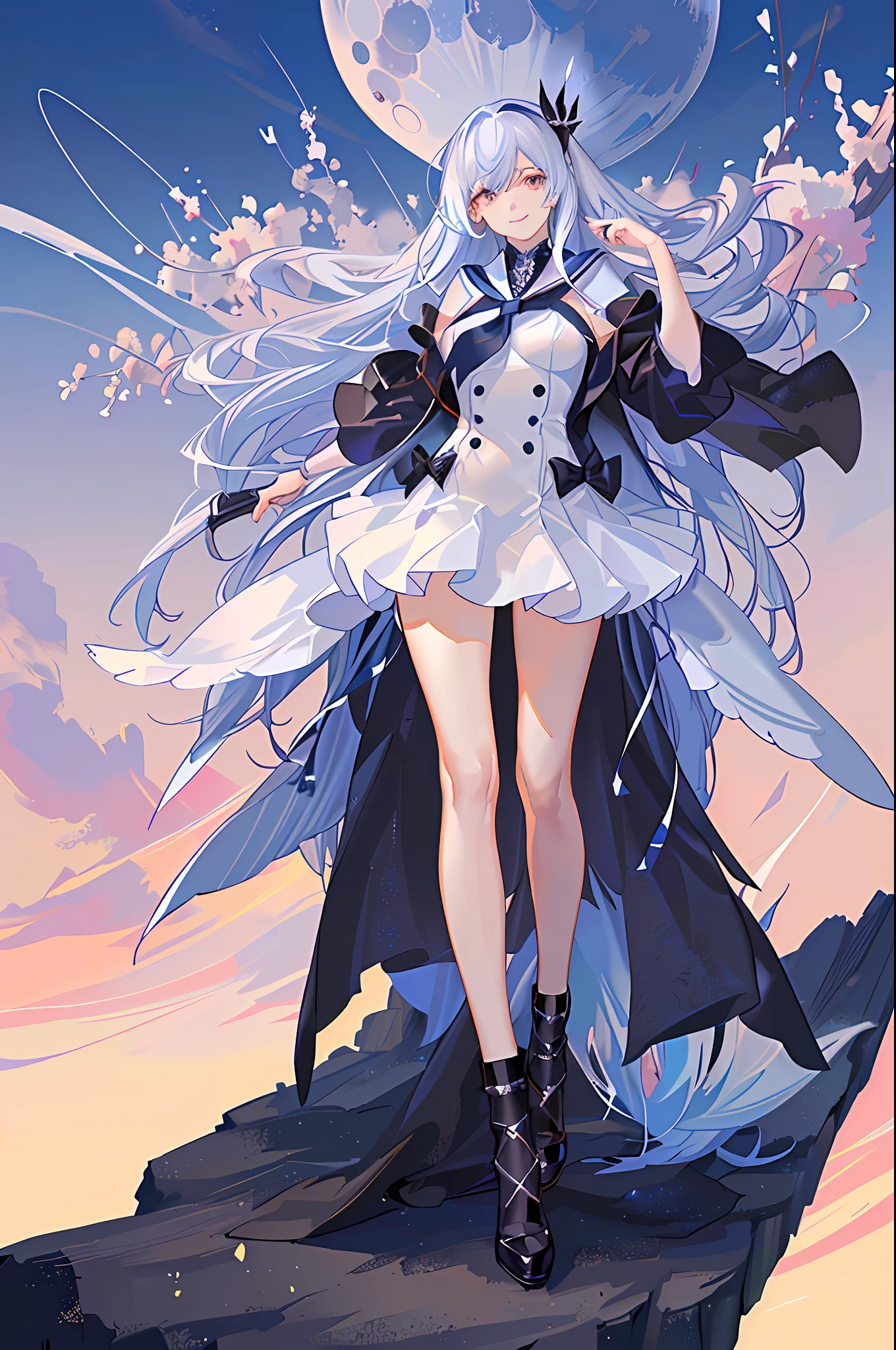 ((Excellent)), ((Masterpiece)), (Details), 1 Woman, Beautiful Woman, Solo, Full Body, (((Standing Picture)), Sailor Suit, White Hair, Blue Hair, Long Hair, Transparency, Smile, Crystal, Diamond, Water, Perfect proportions of Body Structure, Exquisite Hair Accessories, Otherworldly Charm, Moonlit Night, Pastel Colors, (Detailed Clouds: 1.3), (High Resolution: 1.2), Mysterious and warm atmosphere, cinematic lighting, realistic shadows, octane rendering, stand up straight, vtuber, character design