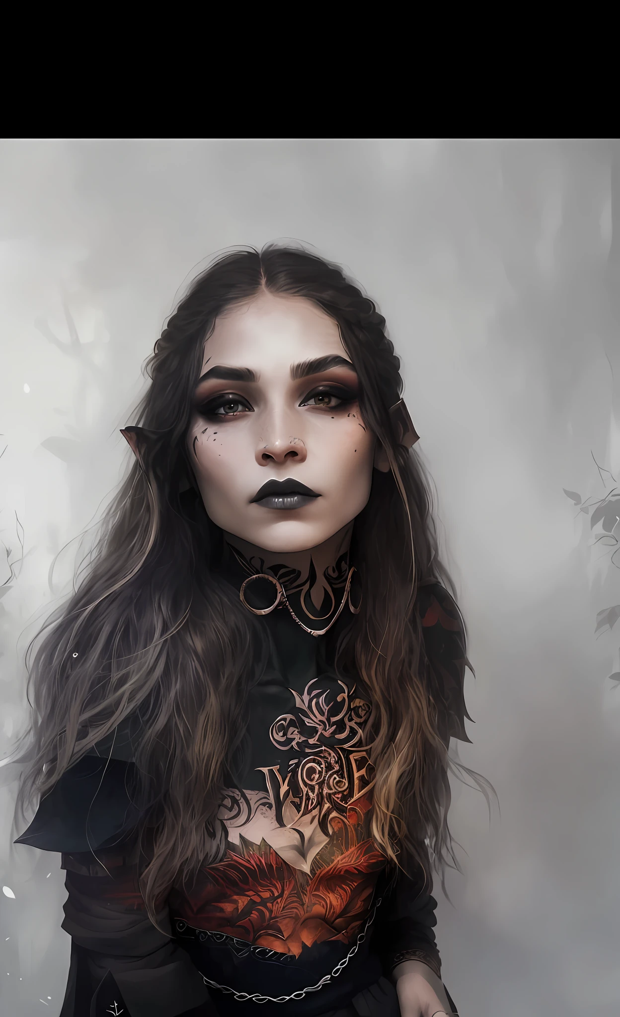 an elf warrior with tattoo on her face, very evident elf ears, forest, fantasy, particles of light, dark brown eyes, black and red makeup, brown hair with blonde locks, round face, oriental features, round jaw, negroid nose, keep makeup from the original photo, black lipstick, brunette skin,