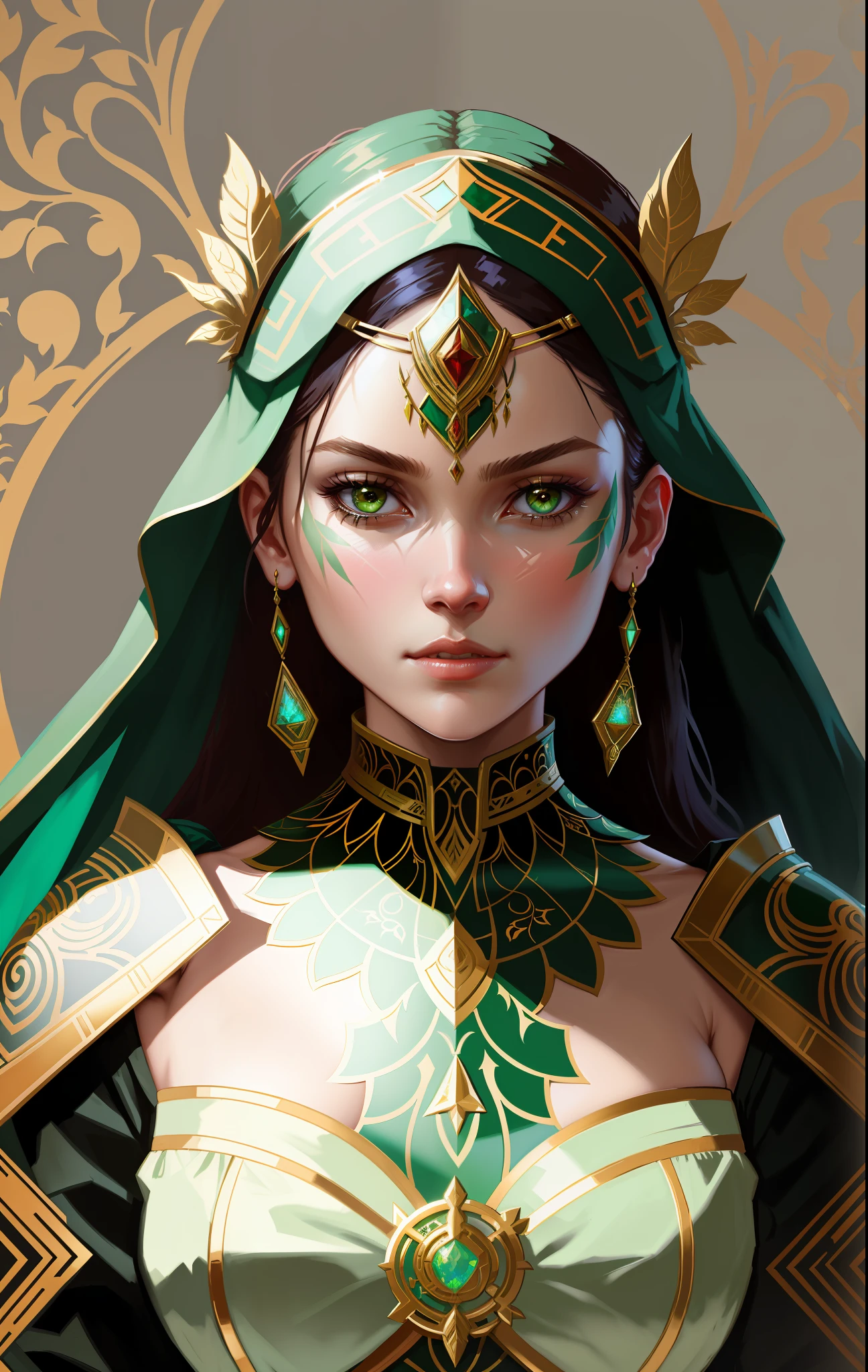 (symmetry: 1.1) (floral portrait: 1.05) a woman as a FAIRY OF THE FOREST, (assassins creed style: 0.8), green and gold and opal color scheme, beautiful and intricate Filegrid face painting, intricate, elegant, highly detailed, digital painting, art station, conceptual art, smooth, sharp focus, illustration, art by Greg Rutkowski and Alphonse Mucha, woodcut, 8K
