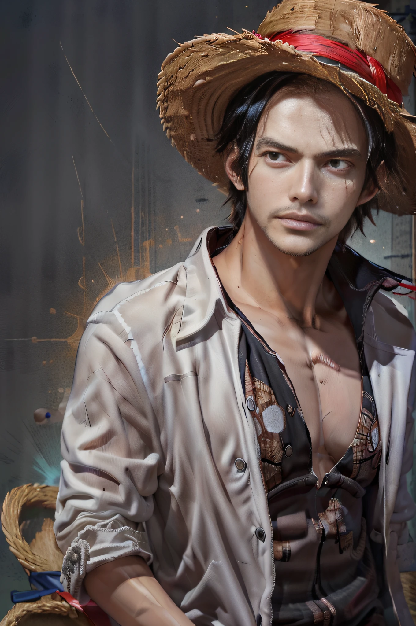 (((masterpiece+best quality+high resolution+ultra-detailed))), shanks\(one piece\), high nose, sharp eyes, noble and inviolable temperament, (([male]: 1.2 + [handsome]: 1.2 + black hair: 1.2)), fire background, (one piece),  red hair, straw hat, scar on face, dynamic angle and posture.
