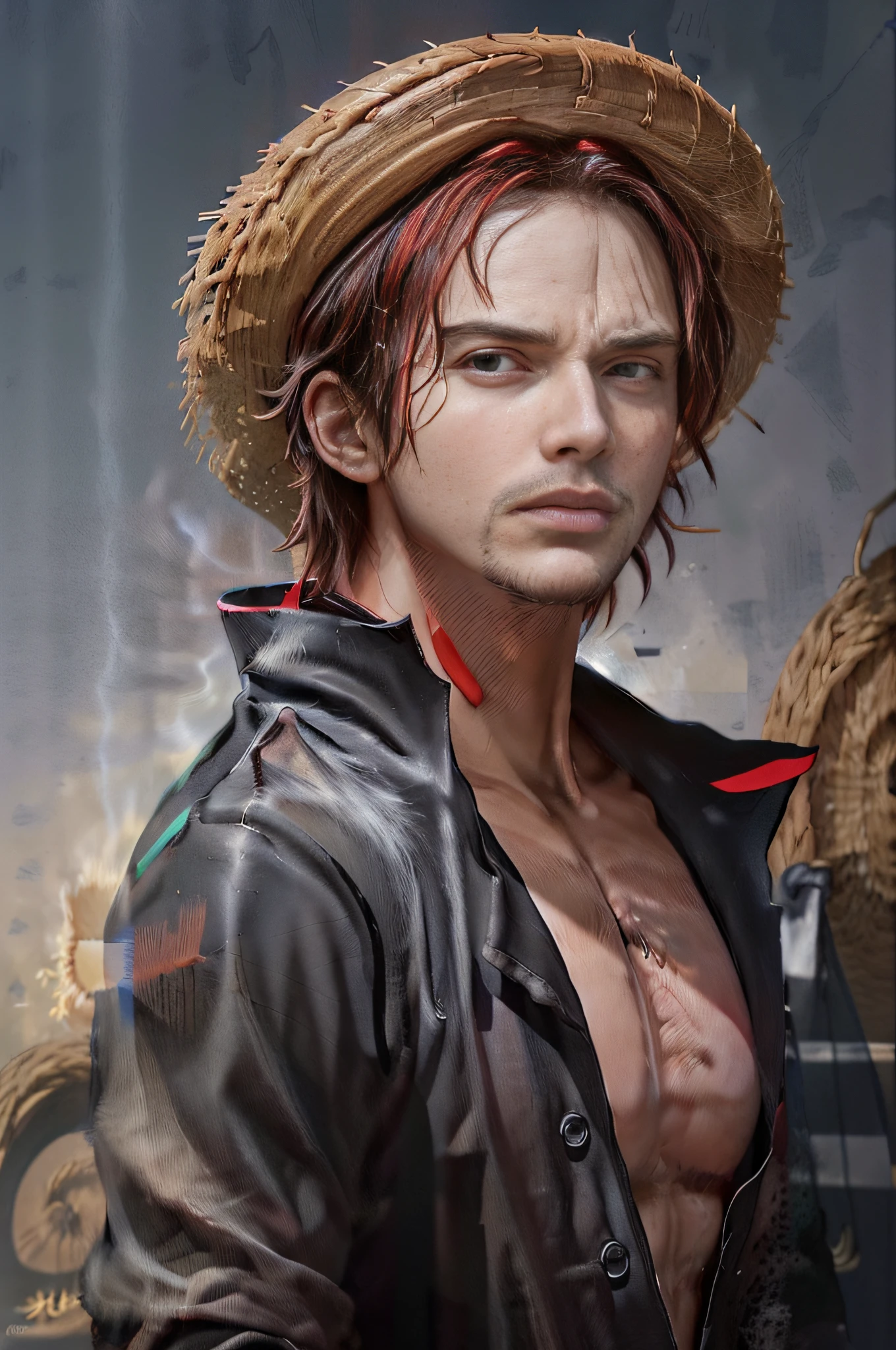 (((masterpiece+best quality+high resolution+ultra-detailed))), shanks\(one piece\), high nose, sharp eyes, noble and inviolable temperament, (([male]: 1.2 + [handsome]: 1.2 + black hair: 1.2)), fire background, (one piece),  red hair, straw hat, scar on face, dynamic angle and posture.
