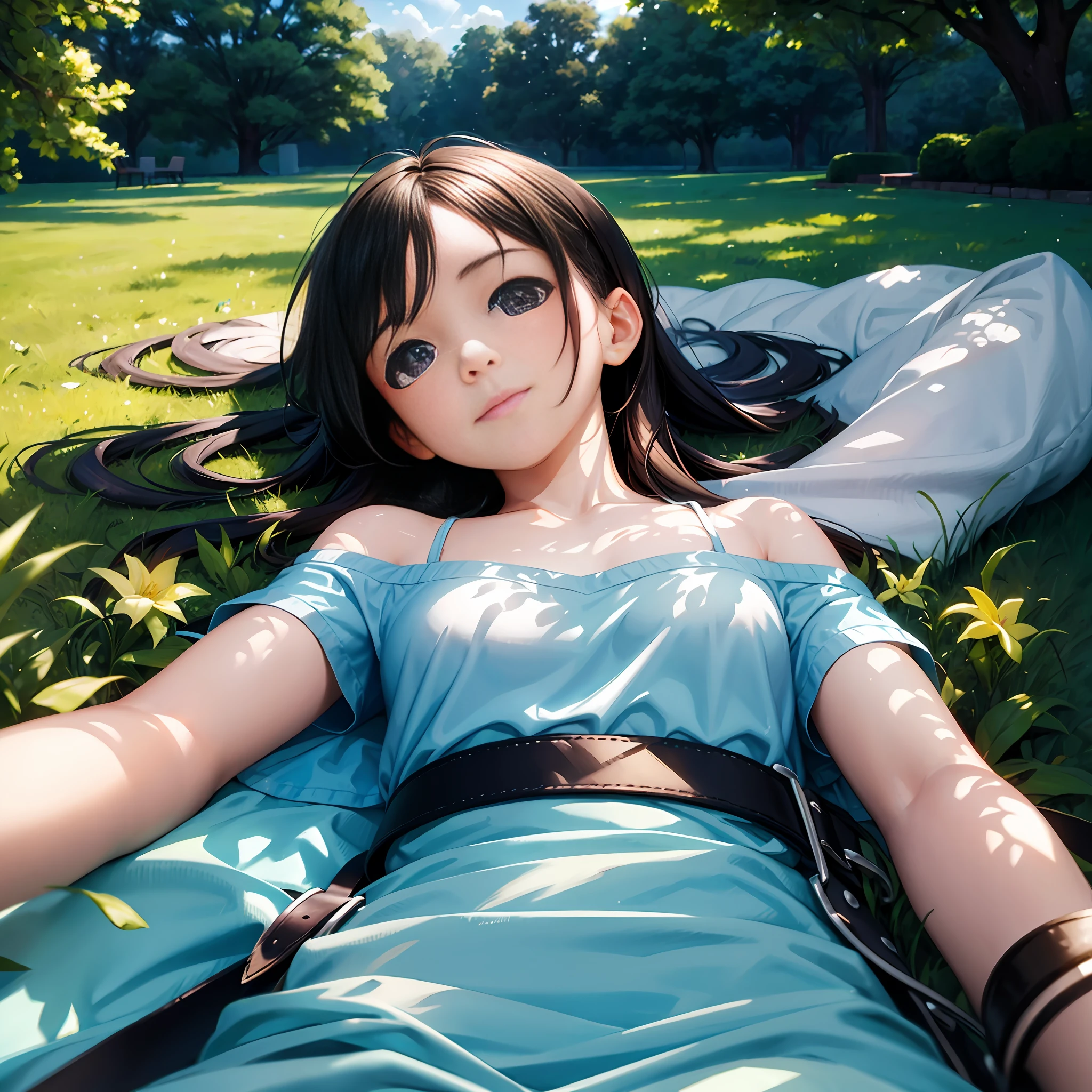 A girl lies on the lawn, the sun shining on her face, and her relaxed expression reveals peace and quiet.