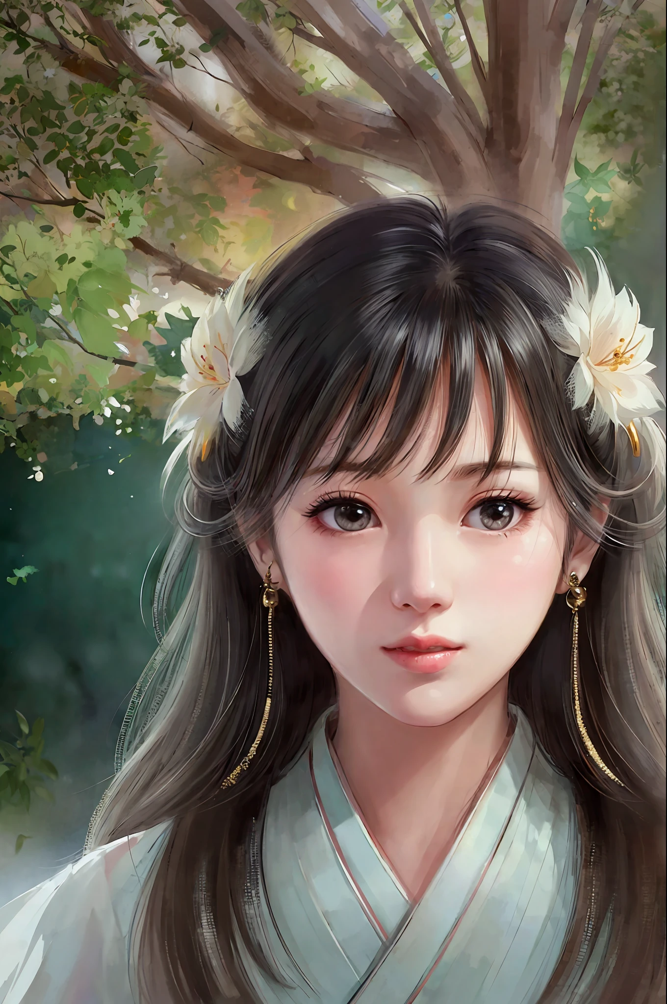 Stem, (White background:1.4), (Standing picture)), Original,(Illustration:1.1),(Best quality),(Masterpiece:1.1),(Super detailed CG unified 8k wallpaper:1.1),(Colorful:0.9),(Panorama shot:1.4),(Solo:1.2),(Ink splash),(Color splash),((Watercolor),Clear Sharp Focus,{ 1 girl standing},((Japan style) ),Flower background,outdoors,rocks, look at the viewer, make happy expression, soft smile, pure, beautiful face and eyes, beautiful idle style clothes decoration pattern details, black hair, black eyes, colored water
