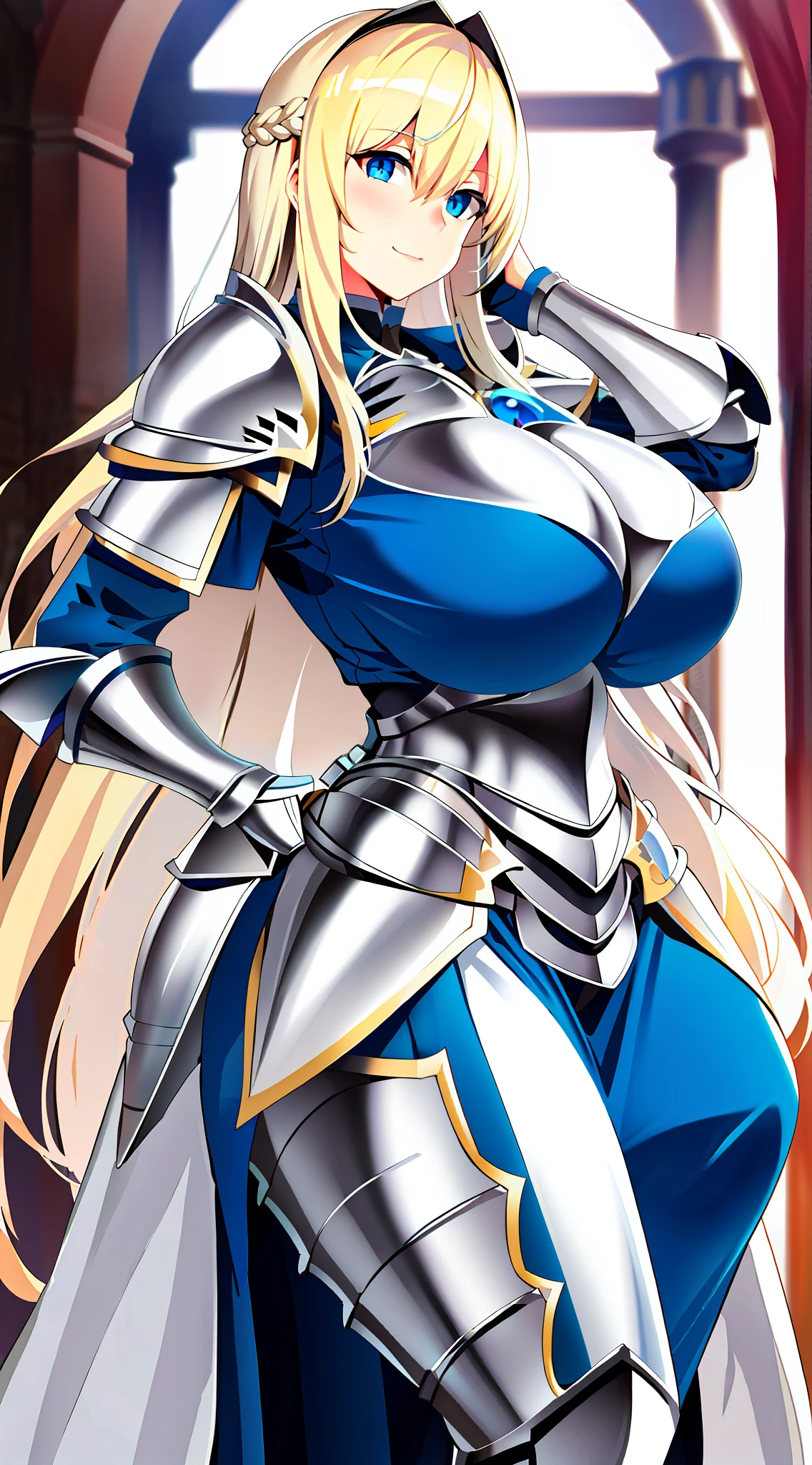 ((Colossal tits)) Big breasts Boobs (blue eyes with highlights) Blonde White skin Long hair Female knight