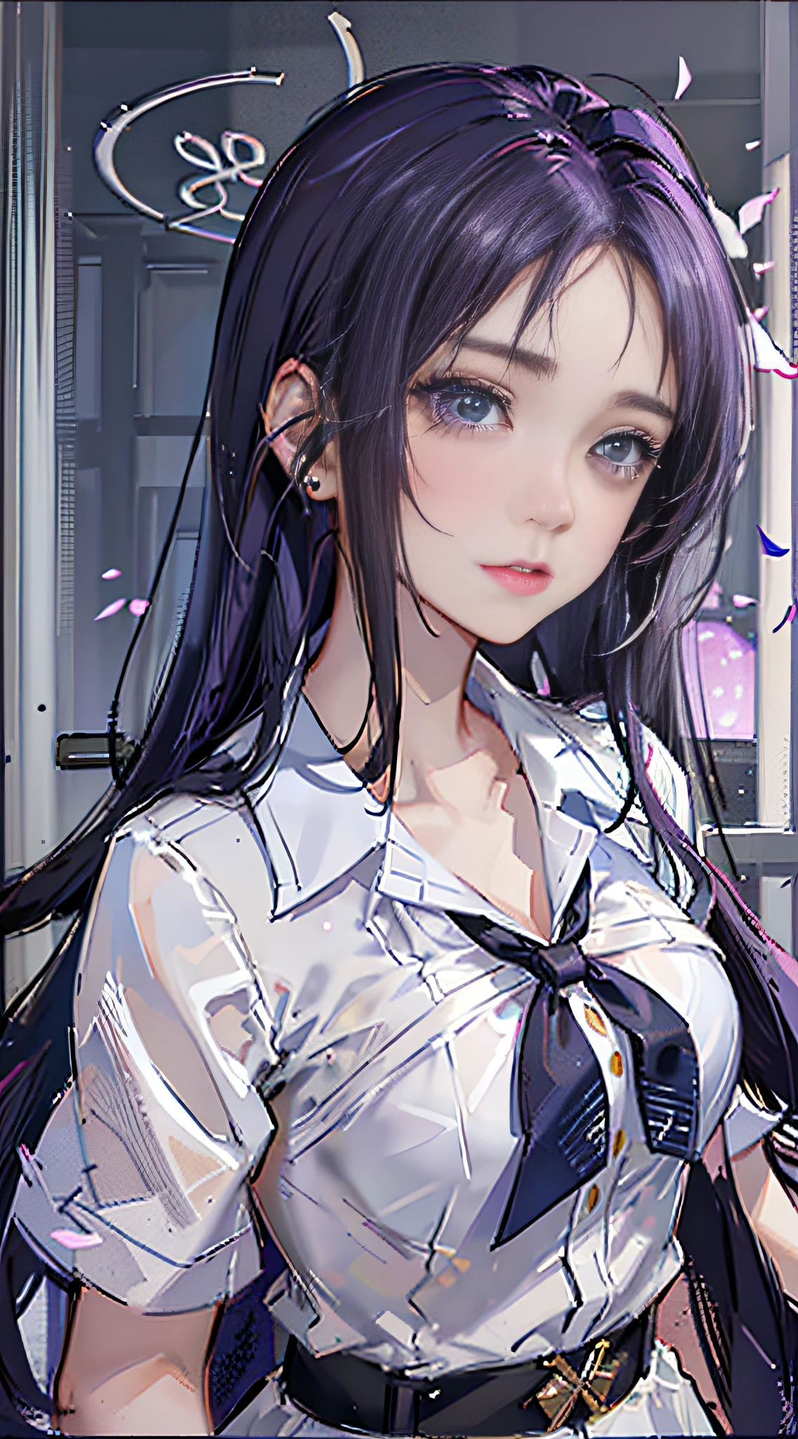 A cold female  high school student, (high cold expression), (arrogant expression), delicate close-up of facial features, high raised chest, plump chest, half-exposed chest (purple hair), ((lilac long hair)), flowing hair, goose egg shaped face white, bright atmosphere, ((painted with a faint eyeliner)), ((sharp eye close-up)), slender figure, (short-sleeved white shirt school uniform), (white short-sleeved button-down shirt), (long legs wearing black trousers are also straight and slender), Coupled with the unique youthful atmosphere of the girl, standing posture, school, (classroom door), classmates laughing in the classroom, (from the side), full body photos, panorama