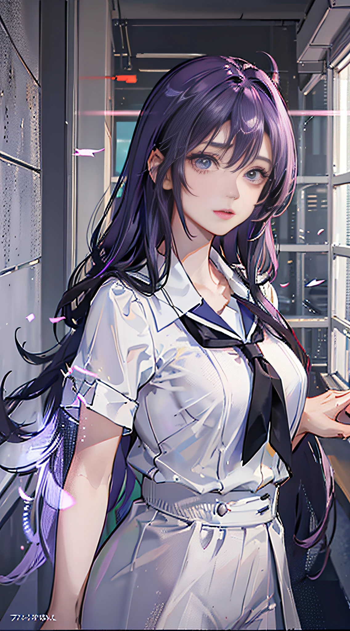 A cold female junior high school student, (high cold expression), (arrogant expression), delicate close-up of facial features, high raised chest, plump chest, half-exposed chest (purple hair), ((lilac long hair)), flowing hair, goose egg shaped face white, bright atmosphere, ((painted with a faint eyeliner)), ((sharp eye close-up)), slender figure, (short-sleeved white shirt school uniform), (white short-sleeved button-down shirt), (long legs wearing black trousers are also straight and slender), Coupled with the unique youthful atmosphere of the girl, standing posture, school, (classroom door), classmates laughing in the classroom, (from the side), full body photos, panorama