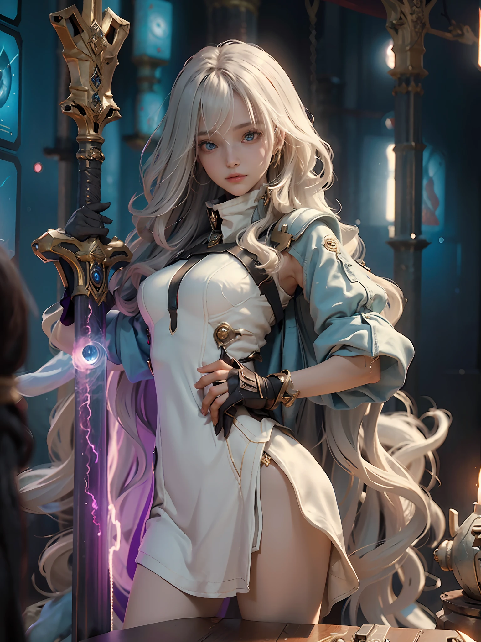 ((Best Quality)), ((Masterpiece)), (Details: 1.4), 3D, bust, (Little Girl), (solo: 1.3), Portrait, (Straight Face)), (Body Front), (A Beautiful Pixie Loli Image), (Small breasts: 1.3), ((bust)), (upper body), (slender perfect body: 1.2), (perfect face: 1.2), (young face: 1.3), (perfect eyes), (perfect hands), (perfect fingers), (soft and simple hair: 1.5), (simple tight clothes: 1.3), (tight shorts), golden hair, collar, (metal gloves: 1.2), (weapons), chains, in the distant future, the line between science fiction and fantasy has disappeared, and the world is an awesome tapestry of wonder. Enter a universe where magic and technology coexist in harmony and shape the fate of civilization in the vast expanse of space. At the heart of this field is celestial relations, an interstellar center of mysterious energy and technological wonders. Here, arcane knowledge is intertwined with cutting-edge science, giving birth to a society brimmed with the power of ancient spells, while occult arts enhance technology. As a young explorer, embark on a grand adventure destined to unlock the secrets of the celestial bond. As you travel through the uncharted realms of the universe, encounter various civilizations full of creatures with extraordinary abilities. From the ethereal spire of the elves, where the art of traveling across dimensions is perfected, to the cybernetic enclave of the Android Group, witness the tapestry of life where magic and technology intertwine. Unleash your latent power as you adapt to the energy flowing through the Nexus. Take advantage of the ancient spells of forgotten witchcraft to propel your starship through the vast universe. Wield enchanted weapons infused with futuristic enhancements to shape surging energy and engage in epic battles against cosmic abominations and intergalactic tyrants. Uncover the origins of this harmonious blend of magic and technology as you delve into the mysterious realm of celestial relationships. Discover ancient prophecies th