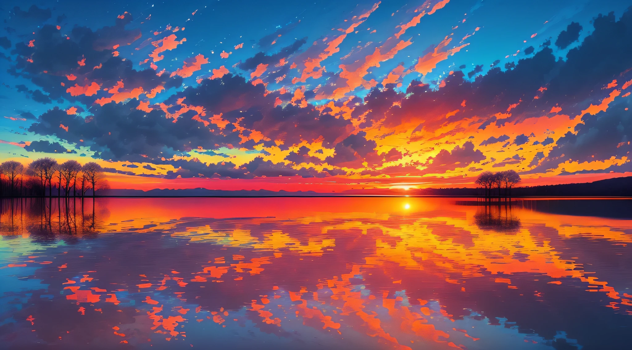 there is a beautiful sunset with a lake and trees in the background, colorful skies, surreal colors, colorful sunset, colorful sky, marvellous reflection of the sky, stunning sky, dream like atmosphere 8k, colorful clouds, colors reflecting on lake, surreal sky, red and blue reflections, fire reflection, beautiful sky, beautiful and spectacular dusk, beautiful dreamy landscape, amazing sky --auto --s2