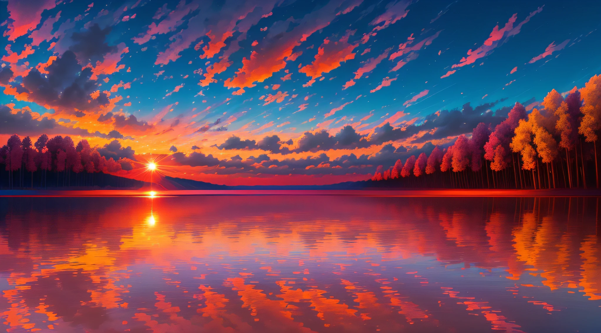 there is a beautiful sunset with a lake and trees in the background, colorful skies, surreal colors, colorful sunset, colorful sky, marvellous reflection of the sky, stunning sky, dream like atmosphere 8k, colorful clouds, colors reflecting on lake, surreal sky, red and blue reflections, fire reflection, beautiful sky, beautiful and spectacular dusk, beautiful dreamy landscape, amazing sky --auto --s2