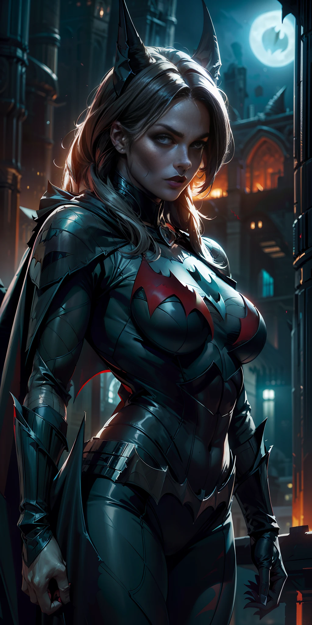 (1girl dressed as Batwoman, Batman dark knight style), is imposing in a lost gothic city. Moonlight highlights your muscles and scars. The scenery is lush and mysterious, with futuristic technology and surroundings. The camera details everything, a warrior woman, ultra detailed, 4k