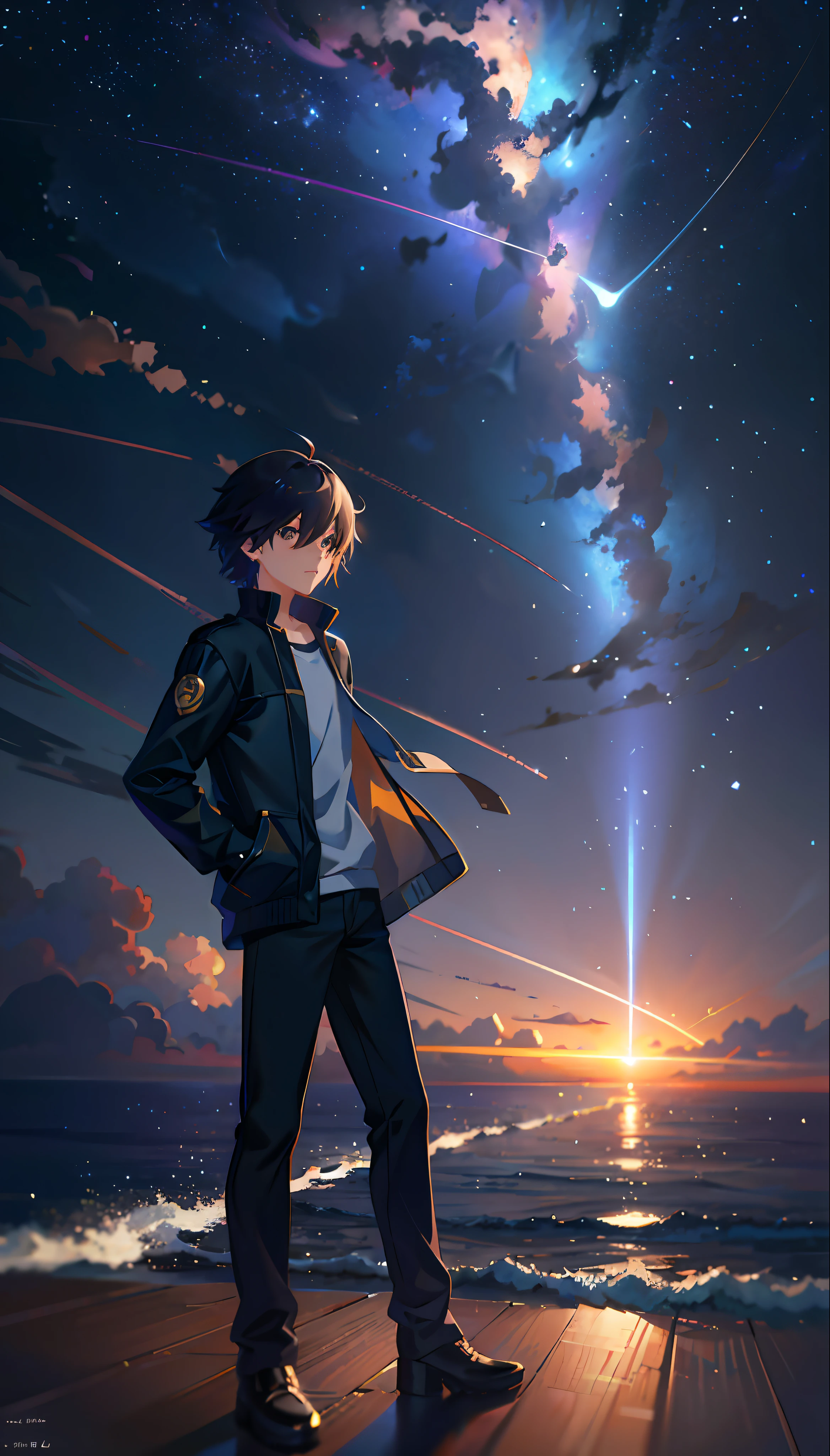 anime scene of a man standing on a pier looking at the stars, makoto shinkai cyril rolando, cosmic skies. by makoto shinkai, makoto shinkai. digital render, reflections. by makoto shinkai, makoto shinkai. octane render, style of makoto shinkai, in style of makoto shinkai, makoto shinkai style