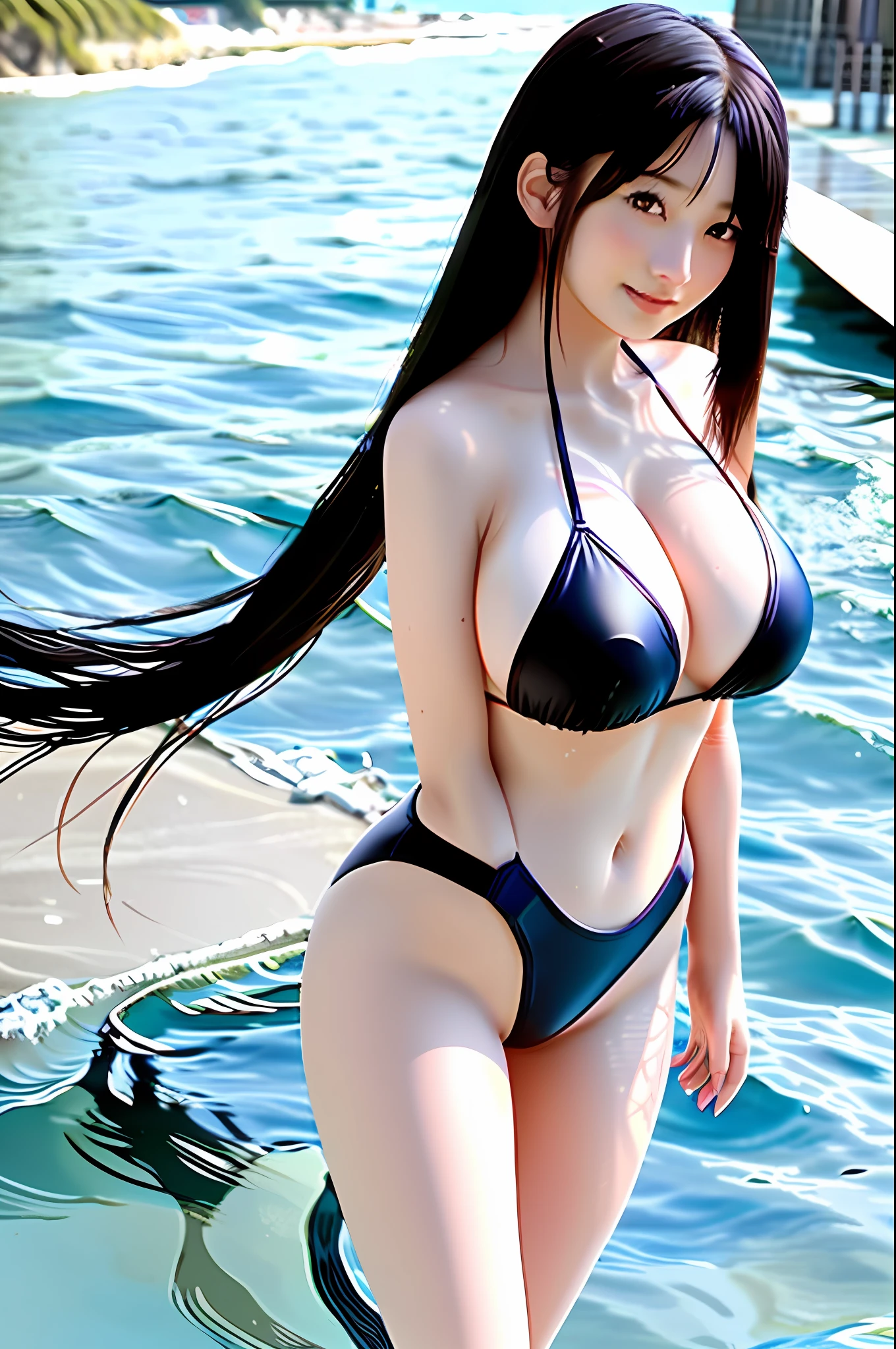 Photo, Best Quality, Masterpiece, Super Resolution, (Photoreal: 1.4), ung Caucasian girl, 18 years old, beautiful face, smile, long black hair, (((huge bust))), tall, long legs, Standing up, black bikini swimsuit, famous Japanese actress, very beautiful, 8k, full body, sea, beach, ((((((even body))))))