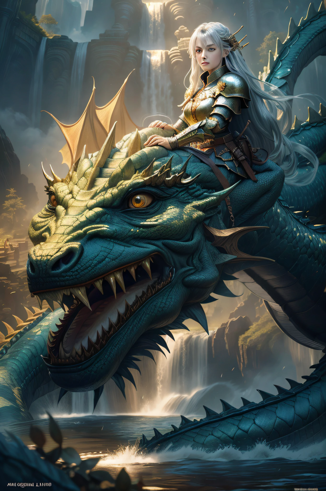 ((((Pretty girl in front of the dragon 1, Armor)))), (((Golden Giant Dragon 1:1.6, (Silvery long hair), hair between the eyes,))), (Dragon with an elongated neck and huge wings behind the girl)), very detailed CG Unity 8K wallpaper), (Best Quality: 1.2), (High Resolution), (Illustration: 1.1), (Cinematic Light: 1.1), fine-grained, Intricate detail, (((best illustration)), 8K resolution, intricate detail, highest quality, realistic feeling, ultra detail, best illumination, best shadow, best shadow, UltraHD, Cryengine, detailed reflection, detailed shadow, ((Complex detail)))), smooth, (Perfect shading))), high quality metal texture, metallic gloss, Highly detailed illustrations, (semi-realistic: 1.6), (wide shot: 1.2), (from below, Dutch angle), (beautiful eyes in detail: 1.1), (lifelike body: 1.2), viewer view, ((Golden Giant Dragon: 1.6)), (glowing eyes\[eye magic square [yellow\]), (long silver hair), hairs between eyes, Sigma 135mm lens, ((( Huge Waterfall Background)), Dynamic Camera Angles, (Warzone), (High Quality Detailed Ruins)), (Depth of Field), (Cinematic Lighting)), ((Horror)), ((Dark Fantasy)), Lovecraftchan, Spot Color, Splash Blood, (Best Illumination), (Very Complex Detail), (Ultra Detail)), 4K Unity, ( Highly Detailed CG:1.2), (8k:1.1), (Landscape), Art Station, ((Sui Ishida, Wen Jun Lin, Stefan Morel)), Dystopian Art, Apocalypse Art, (Semi-Realism), (Dynamic), (nixeu_basic 2:0.5)