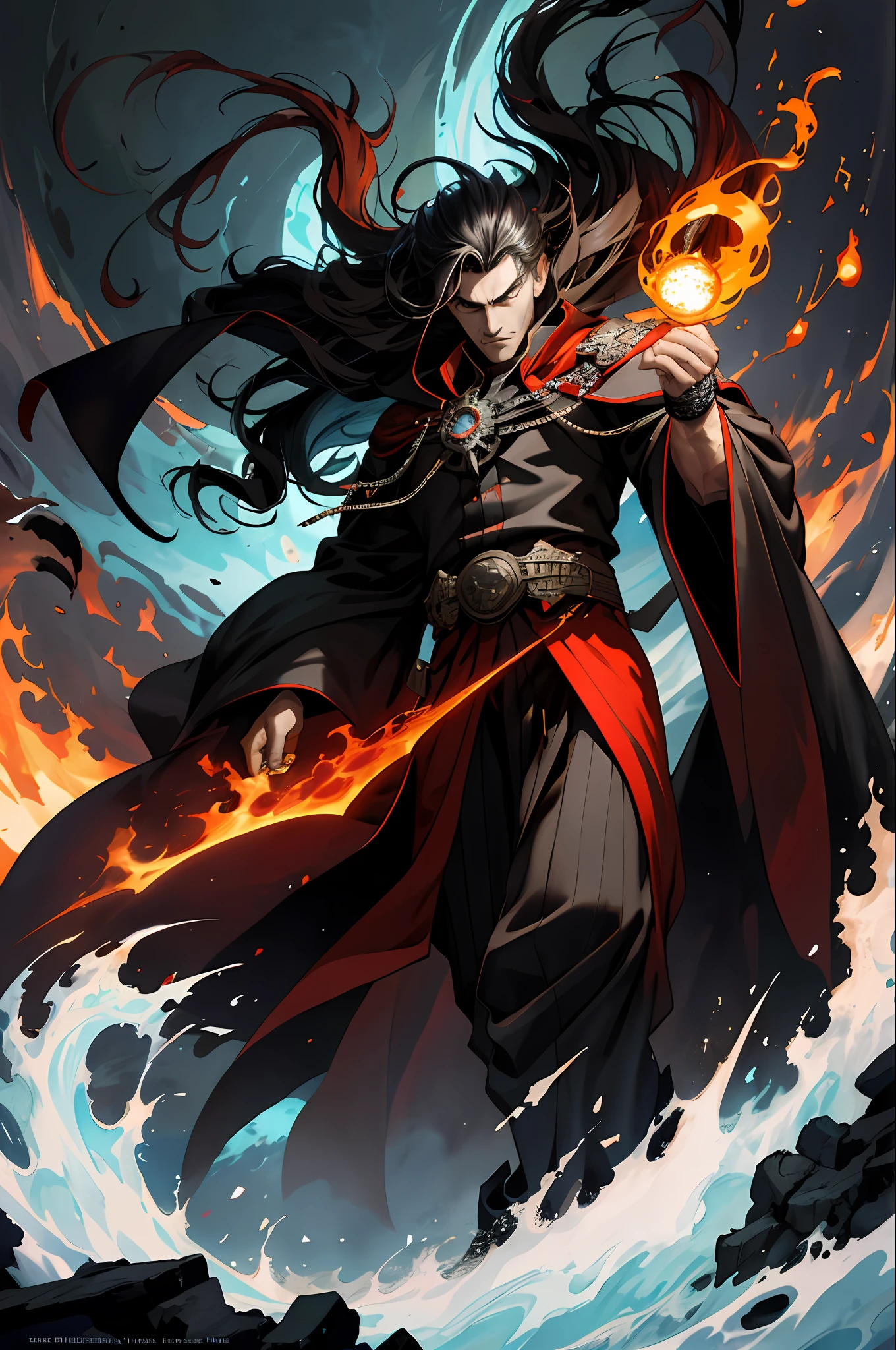(absurd, high resolution, super detailed), 1 male, mature, old, handsome, tall muscular man, broad shoulders, very long hair, undercut, aquamarine eyes, fine eyes and detailed face, extremely detailed CG Unity 8k wallpaper, intricate details, (style swirl magic: 0.8), portrait, looking at the audience, solo, (full body: 0.6), dynamic pose, detailed background, madness in the eyes, hovering in the air, necromancer, evil to the core, red cloud, spell casting, fireball, masked black robe, dark circle, underworld, warhammer theme, false light bearer, dark clouds, floating dirt, decadence, evil energy emanation, dark aura, broken shackles, ,