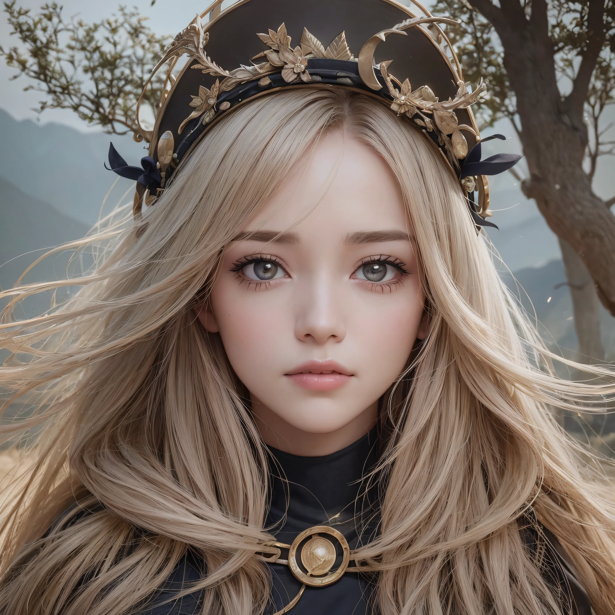 A close-up photo of a 30-year-old woman's face, radiating confidence and inspiration, with a serene expression. She wears biblical costumes appropriate for the time, including a cloak and simple clothing, in a desert setting with low vegetation and a few trees in the background. His eyes captivate the viewer, conveying a sense of wisdom and depth. --auto --s2