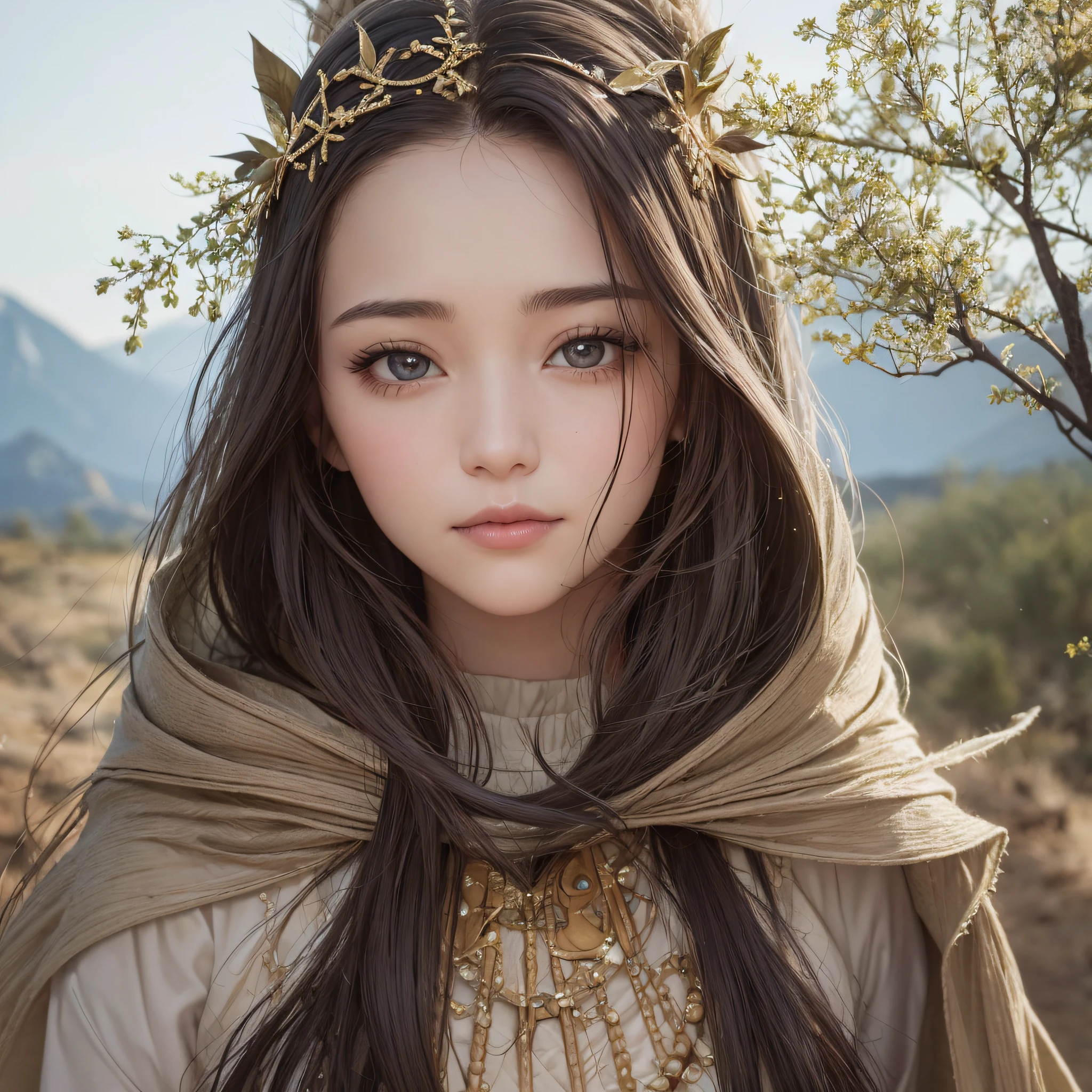 A close-up photo of a 30-year-old woman's face, radiating confidence and inspiration, with a serene expression. She wears biblical costumes appropriate for the time, including a cloak and simple clothing, in a desert setting with low vegetation and a few trees in the background. His eyes captivate the viewer, conveying a sense of wisdom and depth. --auto --s2