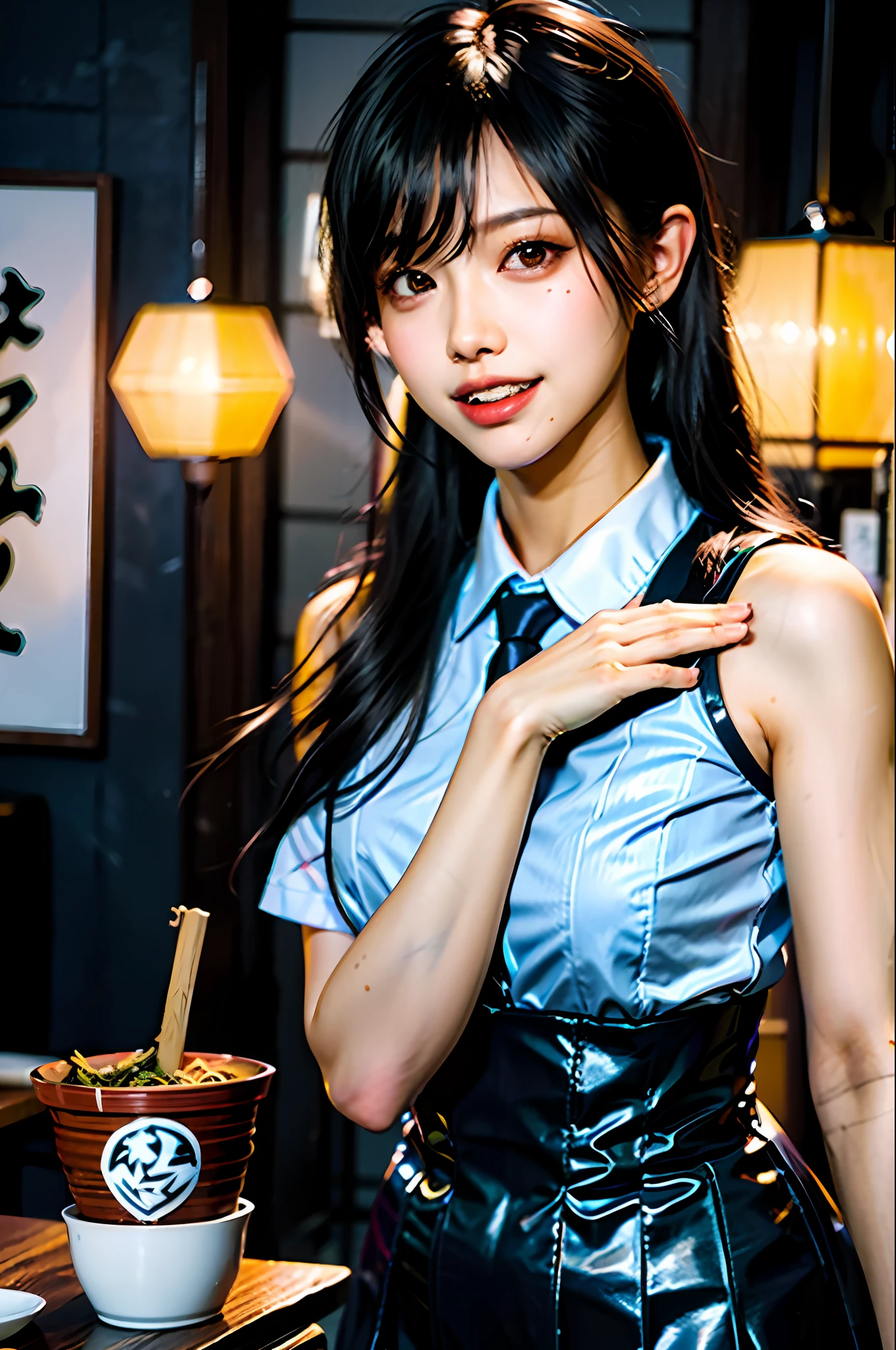 (masterpiece), best quality, ultra high res, close up, slim body, 1girl,school uniform, long hair, laughing, ramen, night, Tokyo restaurant background, colorful lights, photon mapping, radiosity, physically-based rendering, cinematic lighting, intricate, High Detail, Sharp focus, dramatic, photorealistic