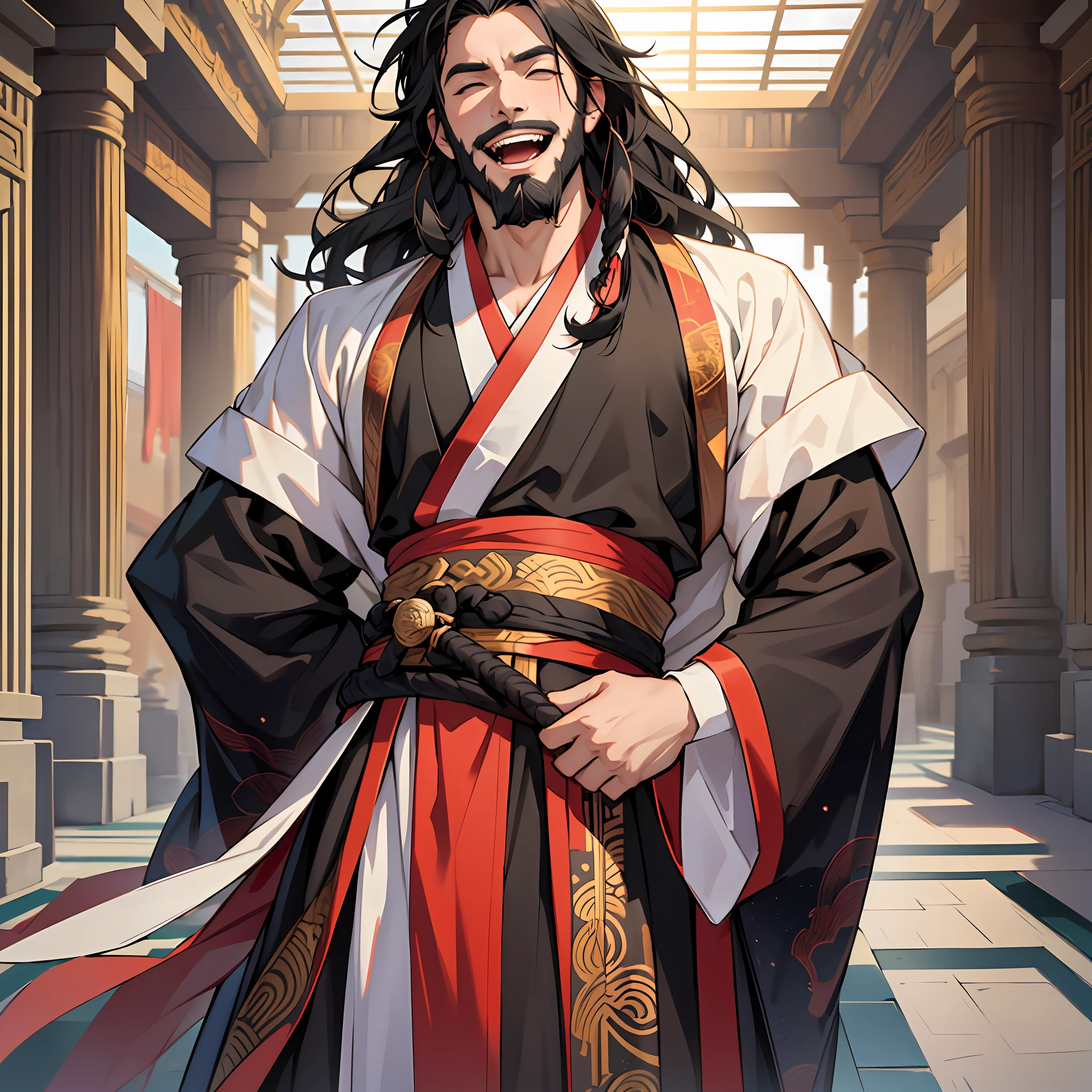 A man, (male), wearing black Hanfu, beard, (laughing up to the sky), long black hair, Hanfu, ancient, court background, royal palace hall