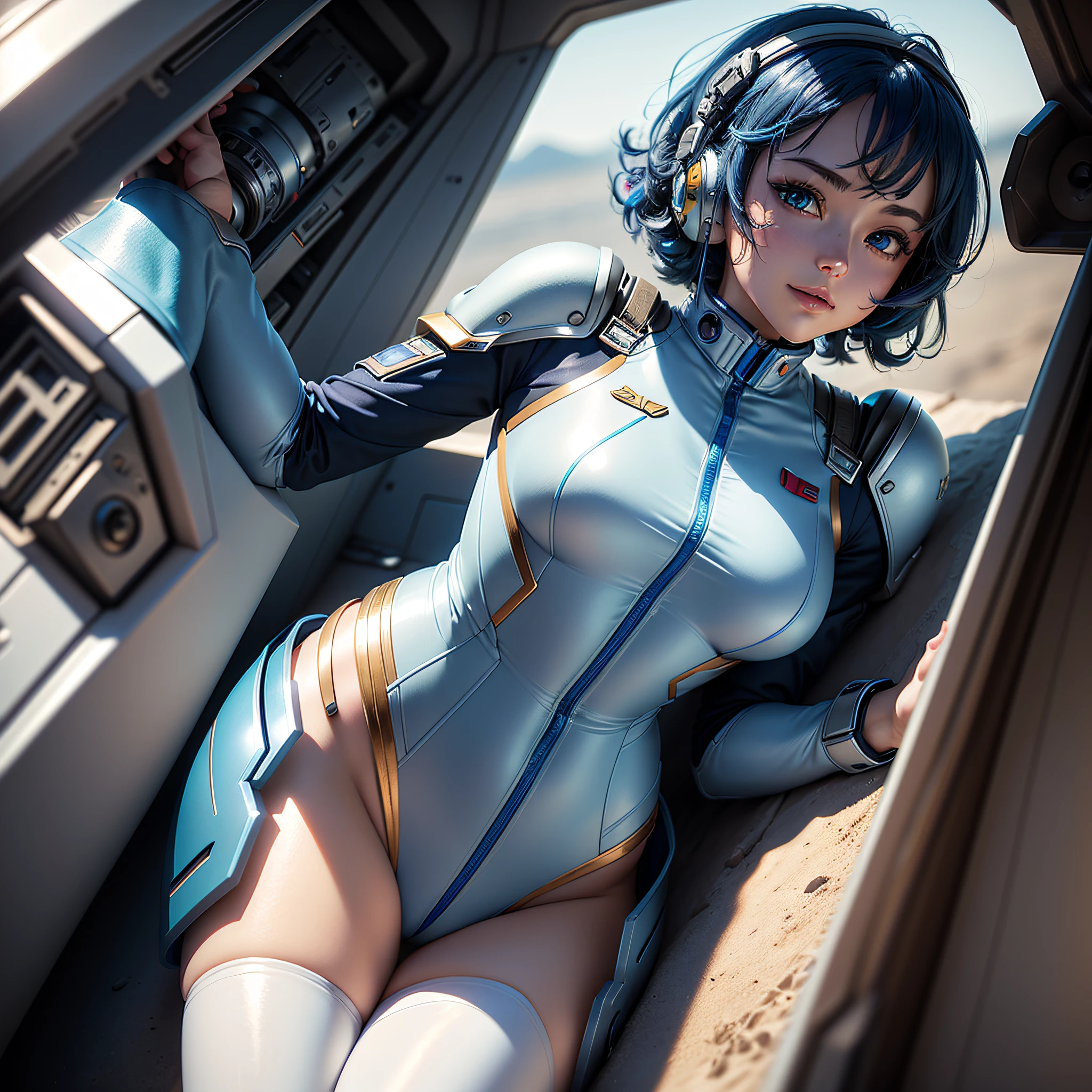 (Masterpiece, Best Quality, Best Resolution, distinct_image, Very Elaborate CG, Cinematic Lighting, Ray Tracing, Drop Shadows, Detailed Detail, (Photorealistic: 1.4), High Quality Textures, Fine-grained, Realistic Face Expression): (Single Girl, Face Japan Person, Blue Haired Girl, Short Cut, Lying, Small Size Breasts, Detailed Gundam cockpit with sparkly blue colored eyes, eye-level shots, metallic white and blue colored flight suits, tight-fitting clothes, full-body covering clothes, light smile, beauty, slim body, exoskeleton, heroine, headset, knee boots, solo ride)