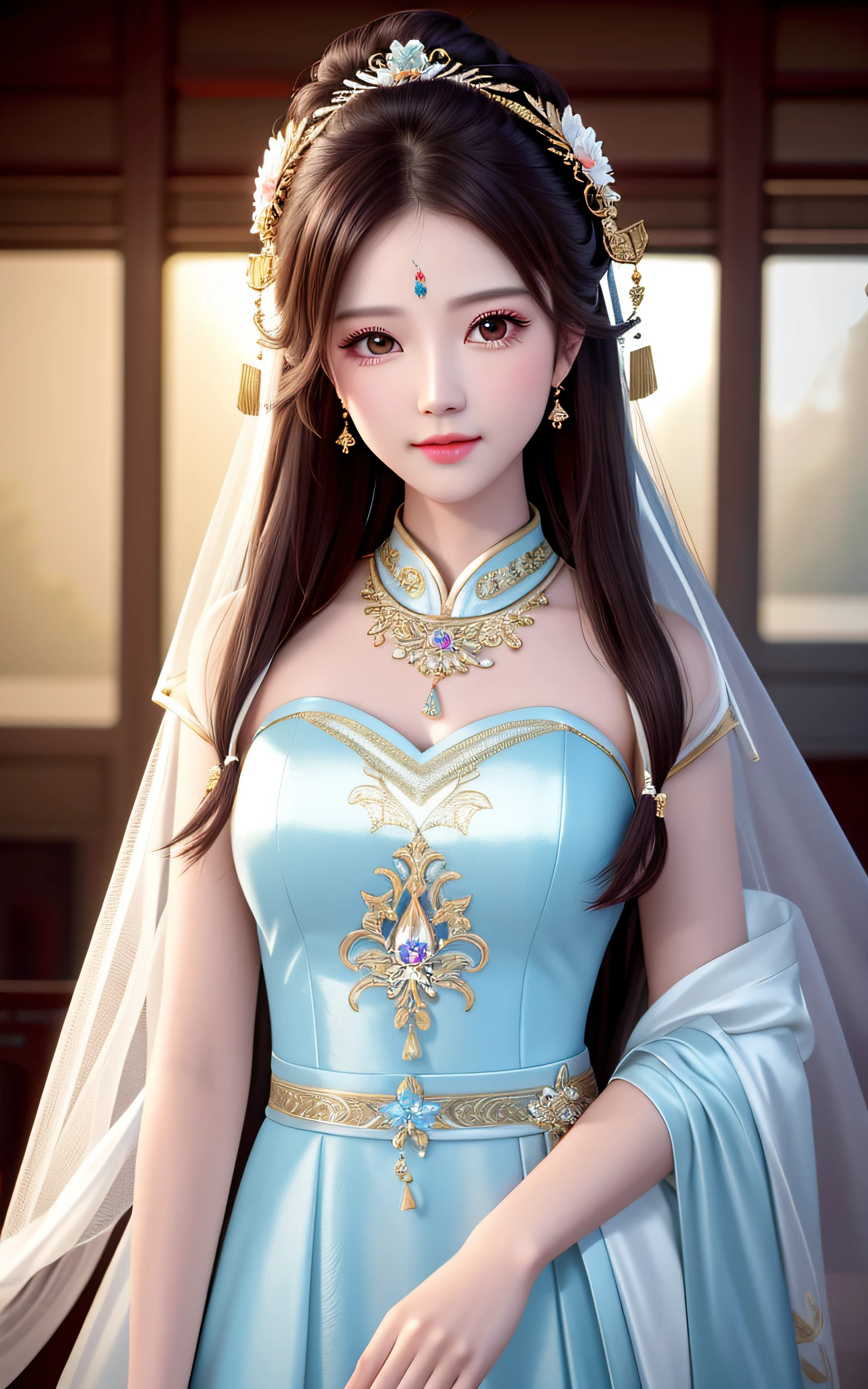 best quality, masterpiece, highres, 1girl,china wedding dress,hair ornament,necklace, jewelry,Beautiful face,upon_body, tyndall effect,photorealistic, dark studio, rim lighting, two tone lighting,(high detailed skin:1.2), 8k uhd, dslr, soft lighting, high quality, volumetric lighting, candid, Photograph, high resolution, 4k, 8k, Bokeh