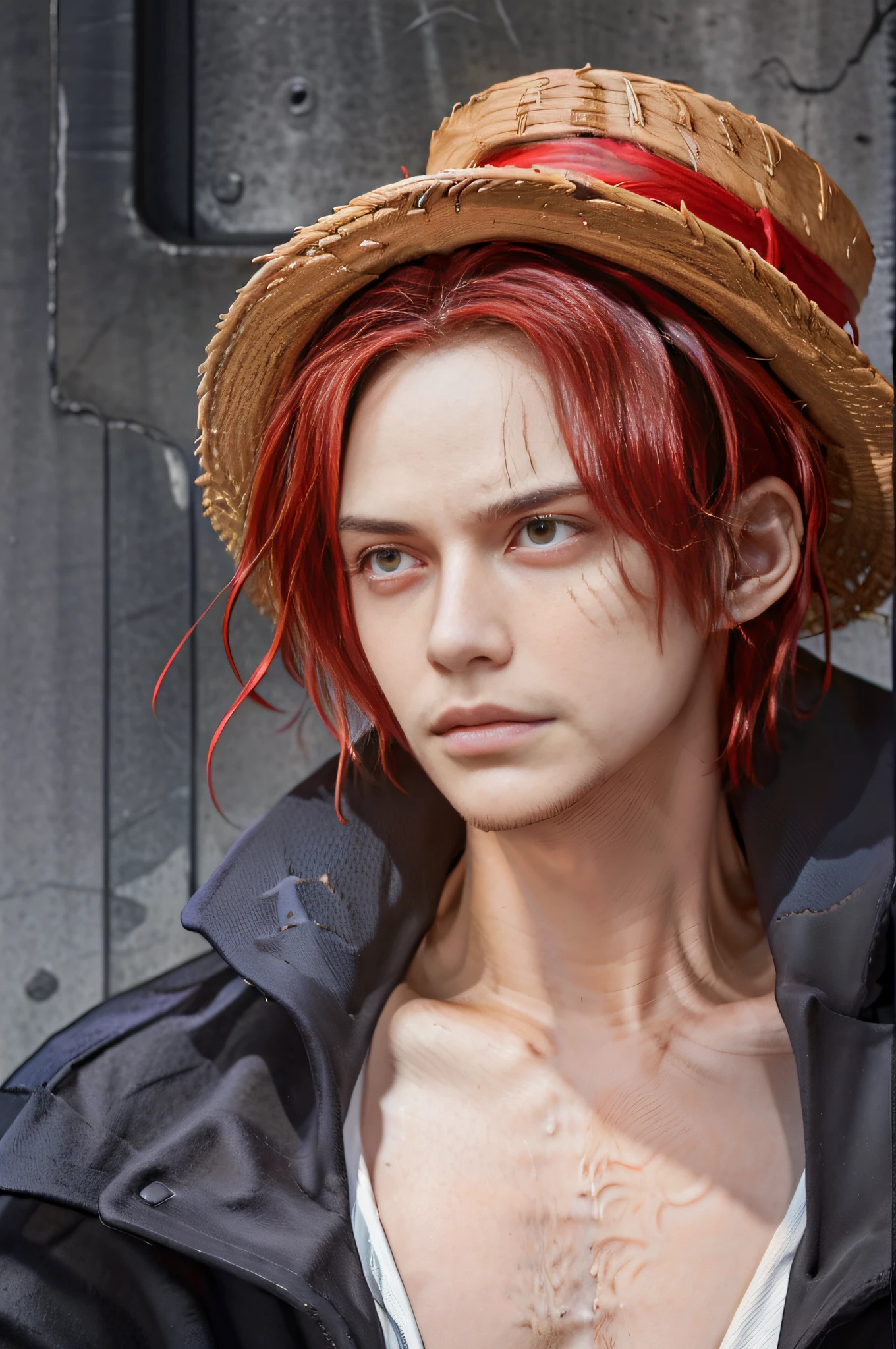 (((masterpiece+best quality+high resolution+ultra-detailed))), shanks\(one piece\), red-haired shanks, high nose, sharp eyes, noble and inviolable temperament, (([male]: 1.2 + [handsome]: 1.2 + red hair: 1.2)), fire background, (one piece),  red hair, straw hat, scar on left eye, dynamic angle and posture.