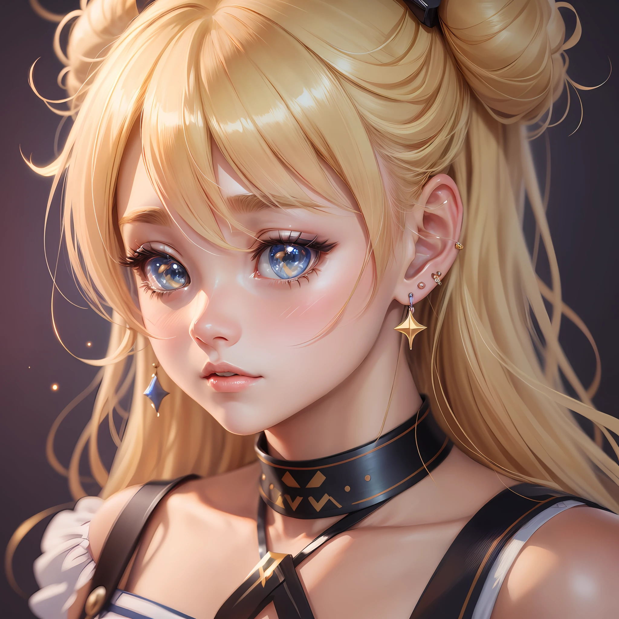 Girl, blonde hair, hairclip, earrings, sparkling eyes, embarrassed, hair bun, motion lines, anime, UHD, 16k, super detail, best quality