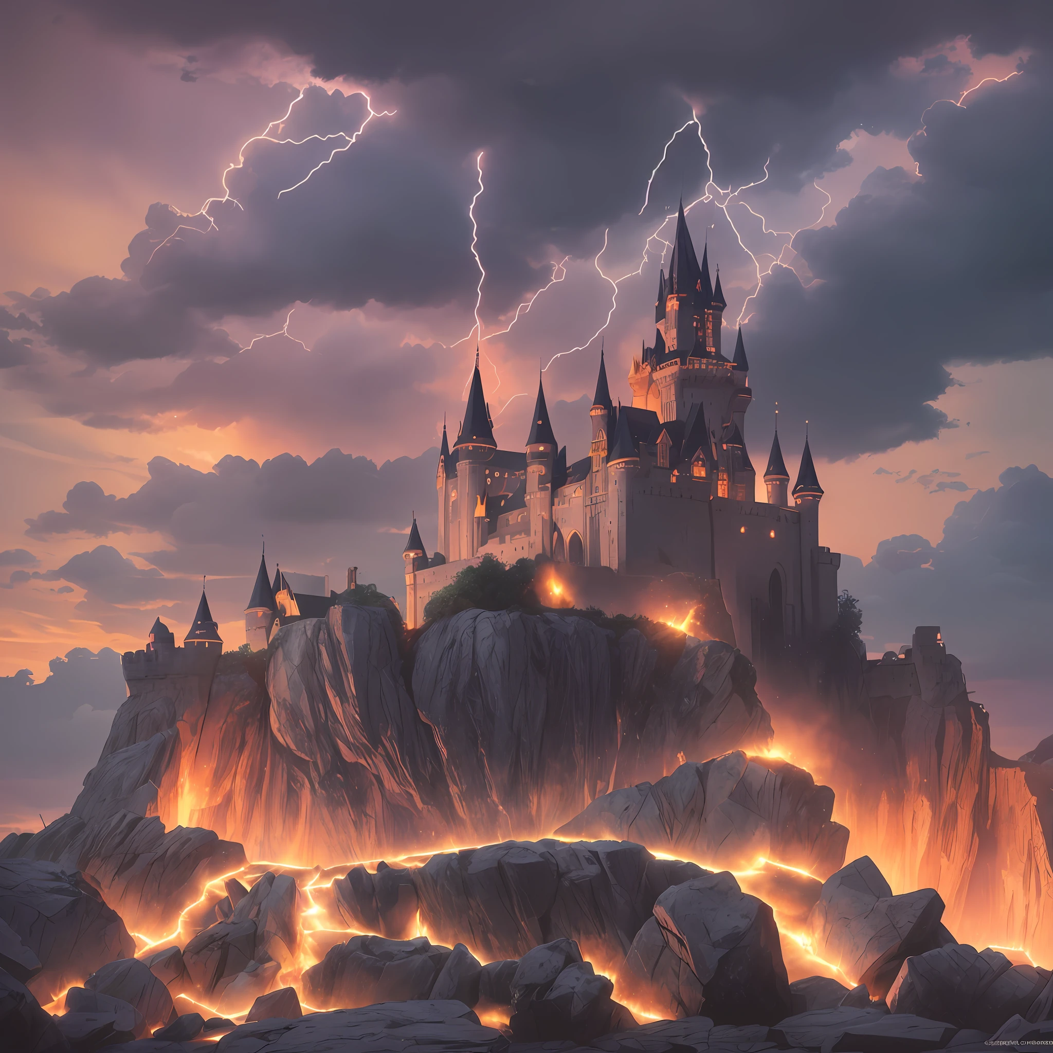 "Create a realistic environment with lots of magic, smoke, lightning and a castle in the background on the cliff, with a black and red sky. Make sure the resulting image has a dark and menacing appearance, with details that highlight the magic and power of lightning. Add textures and details to cliff rocks, such as sharp, craggy rocks. Make sure the castle has an ancient and mysterious appearance, with tall towers and a deep moat. Add detail to the rays, with bright lights and dark shadows, to give depth to the image. Make sure that the black and red sky has a dramatic and frightening appearance. Make sure the resulting image is high-resolution, 8K quality." —c 10 —ar 2:3 --auto --s2