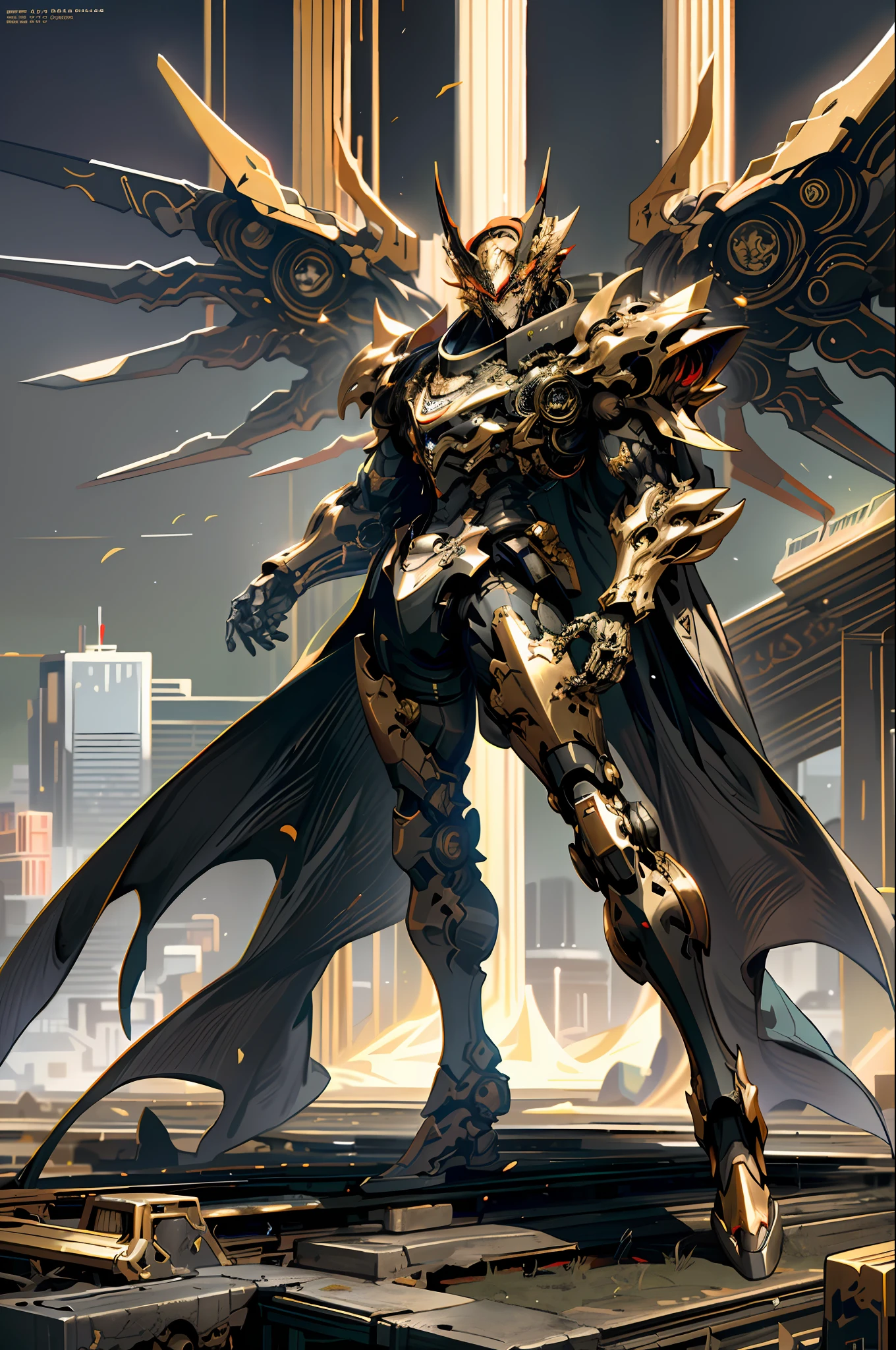 Dark Fantasy, Cyberpunk, (highest quality, masterpiece), mechanical wonders, state-of-the-art big robots, state-of-the-art big mechs, cities, highest quality digital art, stunning art, highly detailed, Suzaku, full body red, golden decorative parts, top quality digital art,