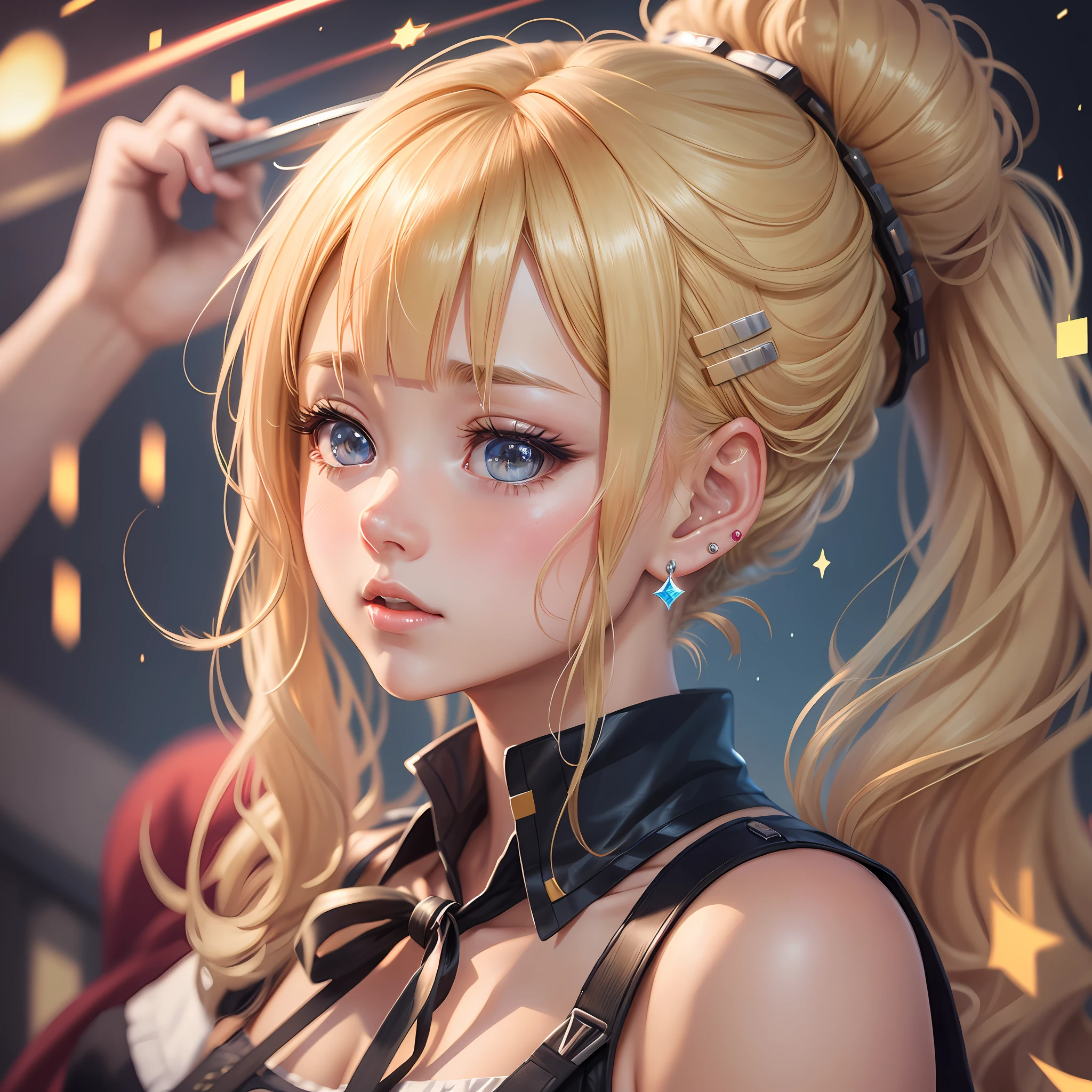 Girl, blonde hair, hairclip, earrings, sparkling eyes, embarrassed, hair bun, motion lines, anime, UHD, 16k, super detail, best quality