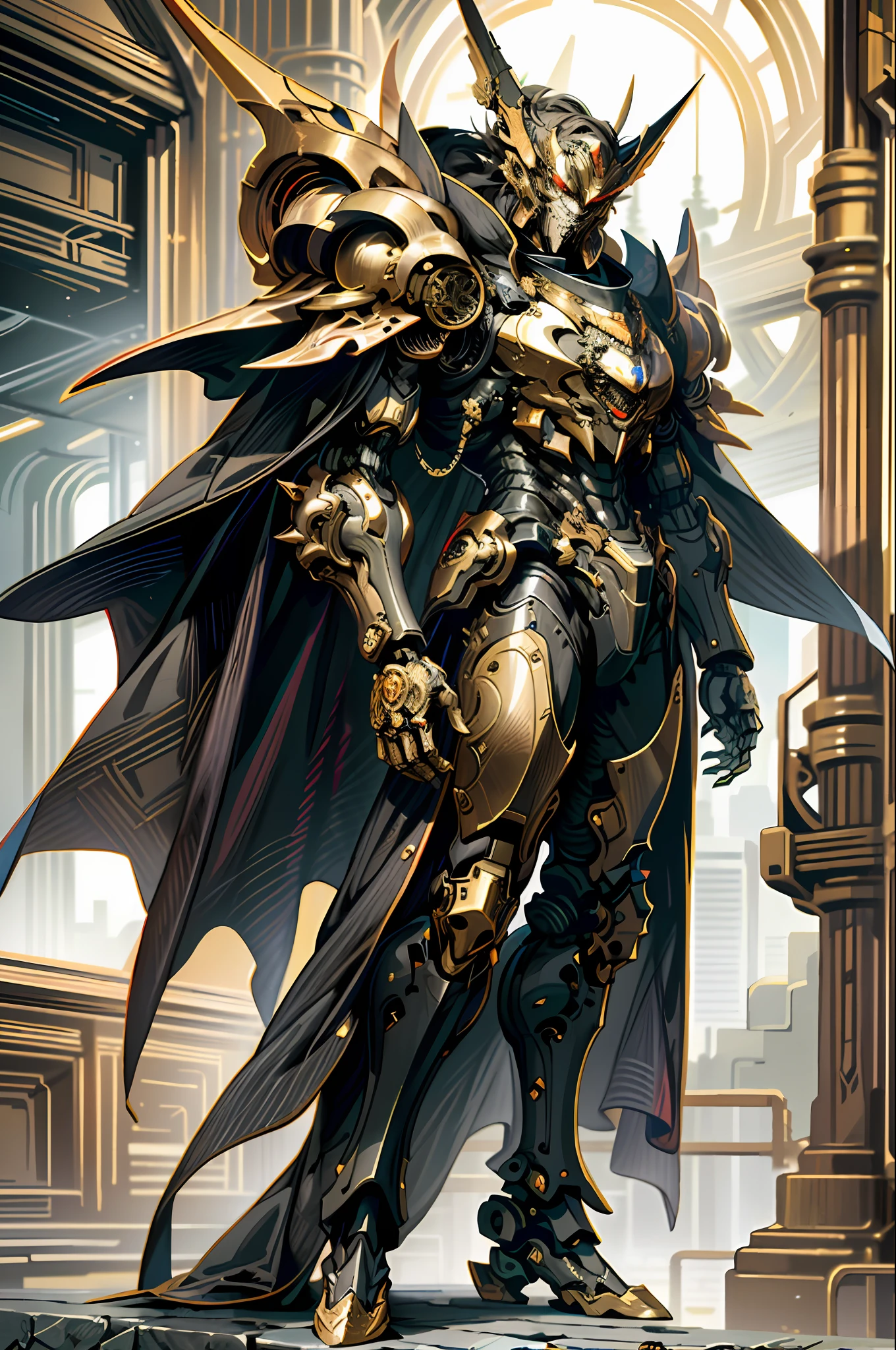 Dark Fantasy, Cyberpunk, (highest quality, masterpiece), mechanical wonders, state-of-the-art big robots, state-of-the-art big mechs, cities, highest quality digital art, stunning art, highly detailed, Suzaku, full body red, golden decorative parts, top quality digital art,
