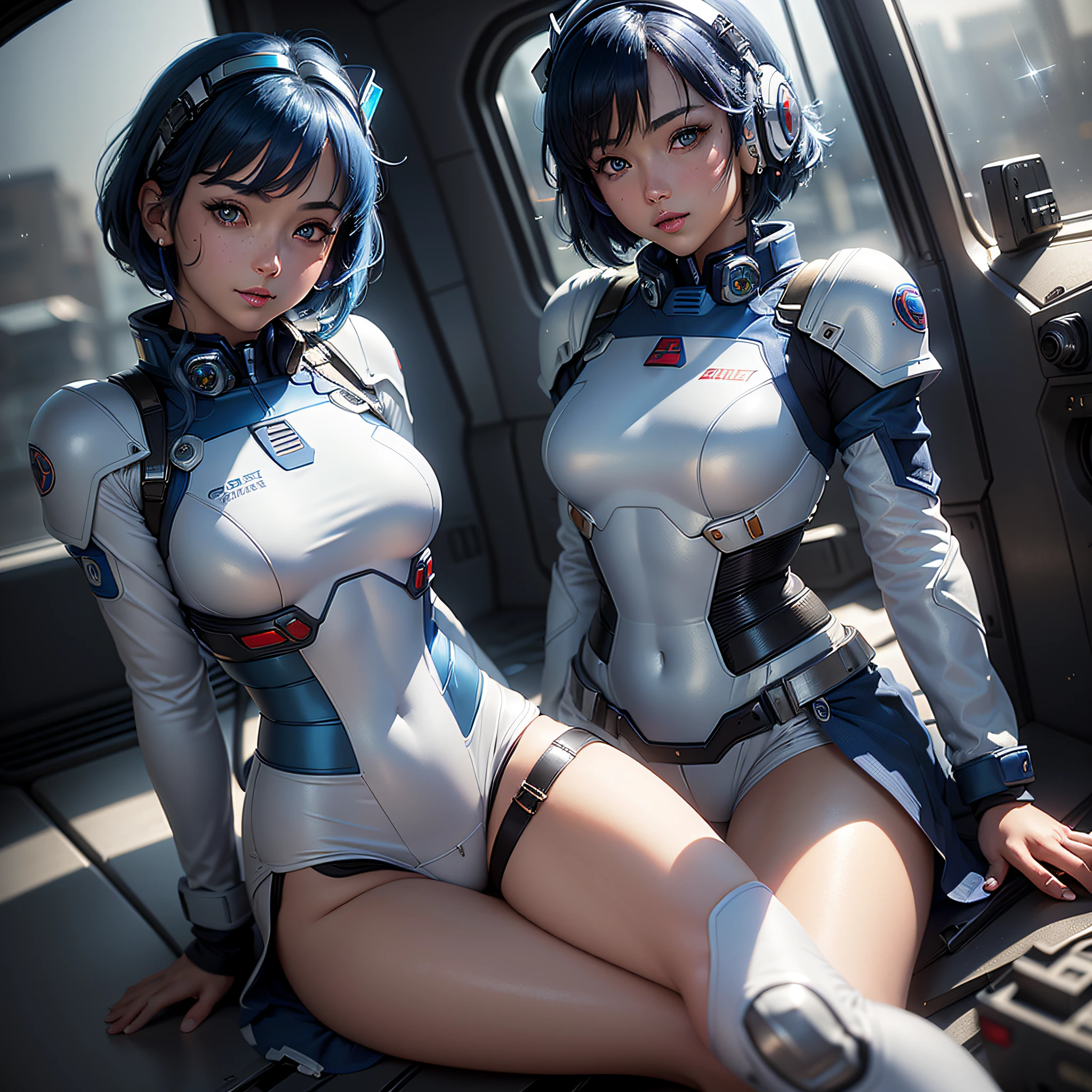 (Masterpiece, Best Quality, Best Resolution, distinct_image, Very Elaborate CG, Cinematic Lighting, Ray Tracing, Drop Shadows, Detailed Detail, (Photorealistic: 1.4), High Quality Textures, Fine-grained, Realistic Face Expression): (Single Girl, Face Japan Person, Blue Haired Girl, Short Cut, Lying, Small Size Breasts, Detailed Gundam cockpit with sparkly blue colored eyes, eye-level shots, metallic white and blue colored flight suits, tight-fitting clothes, full-body covering clothes, light smile, beauty, slim body, exoskeleton, heroine, headset, knee boots, solo ride)