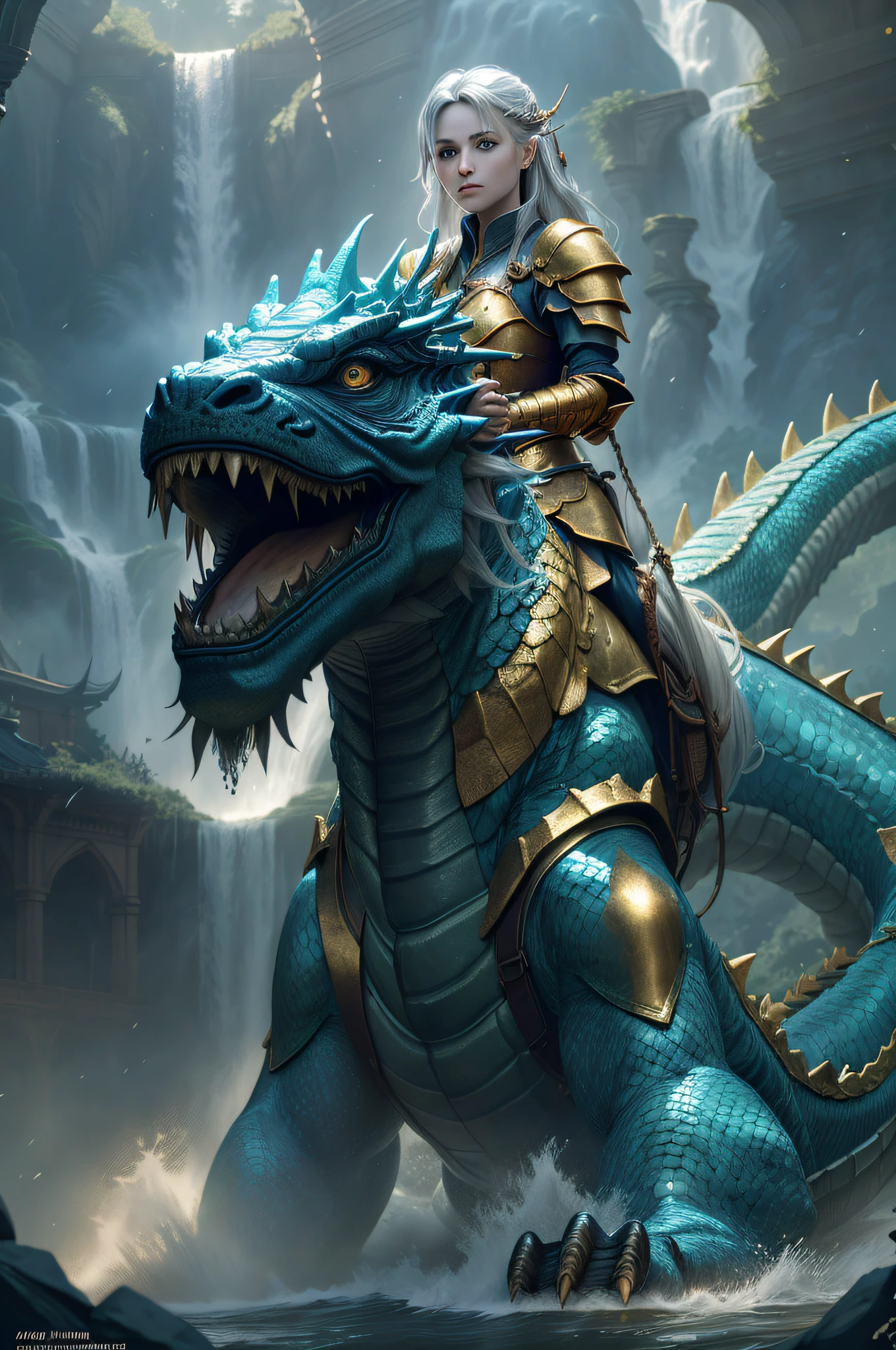 ((((Pretty girl in front of the dragon 1, Armor)))), (((Golden Giant Dragon 1:1.6, (Silvery long hair), hair between the eyes,))), (Dragon with an elongated neck and huge wings behind the girl)), very detailed CG Unity 8K wallpaper), (Best Quality: 1.2), (High Resolution), (Illustration: 1.1), (Cinematic Light: 1.1), fine-grained, Intricate detail, (((best illustration)), 8K resolution, intricate detail, highest quality, realistic feeling, ultra detail, best illumination, best shadow, best shadow, UltraHD, Cryengine, detailed reflection, detailed shadow, ((Complex detail)))), smooth, (Perfect shading))), high quality metal texture, metallic gloss, Highly detailed illustrations, (semi-realistic: 1.6), (wide shot: 1.2), (from below, Dutch angle), (beautiful eyes in detail: 1.1), (lifelike body: 1.2), viewer view, ((Golden Giant Dragon: 1.6)), (glowing eyes\[eye magic square [yellow\]), (long silver hair), hairs between eyes, Sigma 135mm lens, ((( Huge Waterfall Background)), Dynamic Camera Angles, (Warzone), (High Quality Detailed Ruins)), (Depth of Field), (Cinematic Lighting)), ((Horror)), ((Dark Fantasy)), Lovecraftchan, Spot Color, Splash Blood, (Best Illumination), (Very Complex Detail), (Ultra Detail)), 4K Unity, ( Highly Detailed CG:1.2), (8k:1.1), (Landscape), Art Station, ((Sui Ishida, Wen Jun Lin, Stefan Morel)), Dystopian Art, Apocalypse Art, (Semi-Realism), (Dynamic), (nixeu_basic 2:0.5)