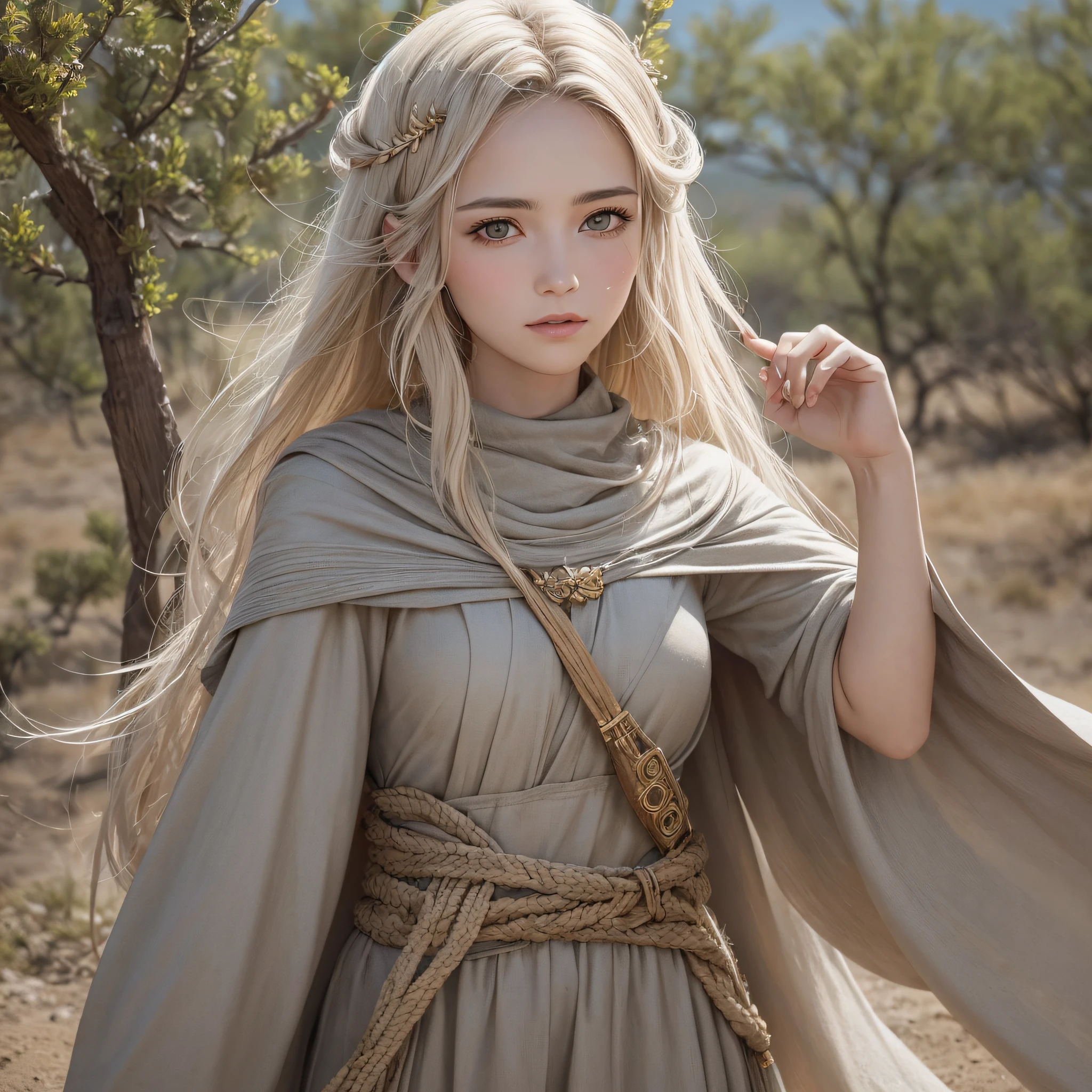 A close-up photo of the face of a 30-year-old biblical character, radiating confidence and inspiration, with a serene expression. She wears biblical costumes appropriate for the time, including a cloak and simple clothing, in a desert setting with low vegetation and a few trees in the background. His eyes captivate the viewer, conveying a sense of wisdom and depth. The gentle desert breeze brushes gently against your face, adding a touch of natural movement to the image. --auto --s2