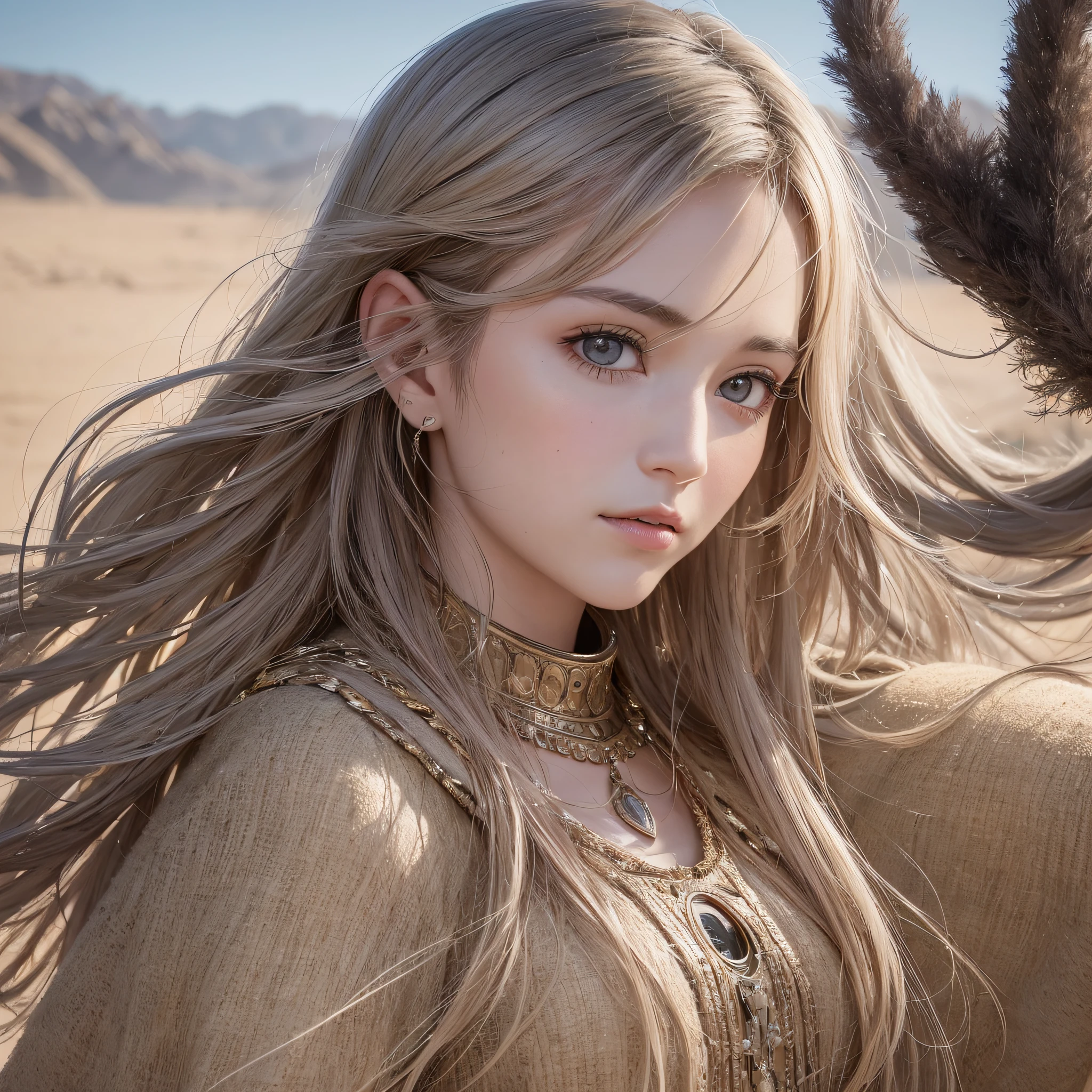 A close-up photo of the face of a 30-year-old biblical character, radiating confidence and inspiration, with a serene expression. She wears biblical costumes appropriate for the time, including a cloak and simple clothing, in a desert setting with low vegetation and a few trees in the background. His eyes captivate the viewer, conveying a sense of wisdom and depth. The gentle desert breeze brushes gently against your face, adding a touch of natural movement to the image. --auto --s2