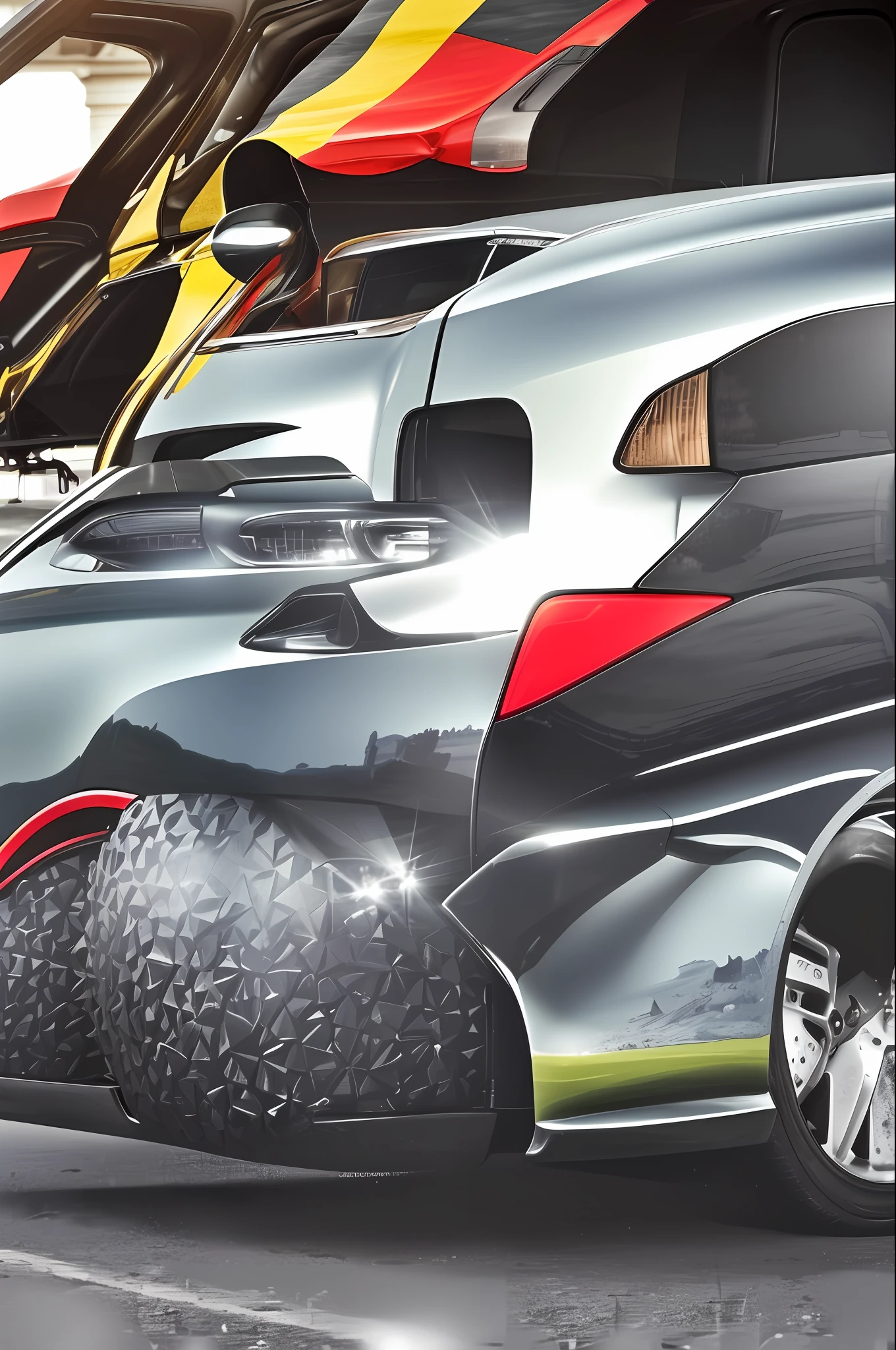 "Imagine yourself on a sunny afternoon, on a picturesque country road, surrounded by green fields and majestic trees. You're facing two hand-built supersports cars in 2020, with sleek, bright lines, one in red, the other in metallic blue. The painting captures the essence of freedom and adventure, the models are the same, they are the brand Lamborguine model gallant, but has the back of Lotus evora gt430 conveying the feeling of speed and adventure. The surrounding scenery is filled with the beauty of nature and a radiant blue sky. You can choose to depict the automobile in motion, with the wheels turning, or opt for a static scene, highlighting the details of the car and the reflection of the sun on its gleaming body. Use your color palette to convey emotions and capture the atmosphere of this unique moment. Let your creativity flow and create a work of art that will transport the viewer to the scenery described. "The photo should show one car facing the other." That way we can visualize the front of one and the back of the other." --auto --s2