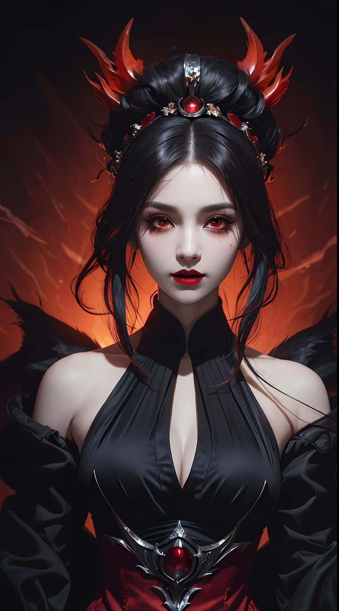 1 beautiful devil woman from hell, In the Dark: 1.6), surreal female portrait by David Hockney and Alphonse Mucha, fantasy art, korea doll, photorealism, dynamic lighting, artstation, poster, volumetric lighting, very detailed faces, 8k ultra, Awarded, in the dark, deep shadow, low key, cowboy lens, (Red phoenix dress: 1.4), long hair, black hair, bust, luxurious palace, Royal style, devil crown, red eyes make up very sharp and detailed, The most beautiful face, The breasts are very big and round and round, Super realistic, chinese women's clothing, polo neck sweater, Charming smile, The eyes are very well made up, guweiz, devil style, wearing black mesh socks, Ponytail with a bow tied at the back of the hair, Red black lips, Devil tattoo on shoulder, wearing a thin red and black robe, the landscape is overcast and thunderous, (Portrait), Close-up of the main character, (Background details 1.8),
