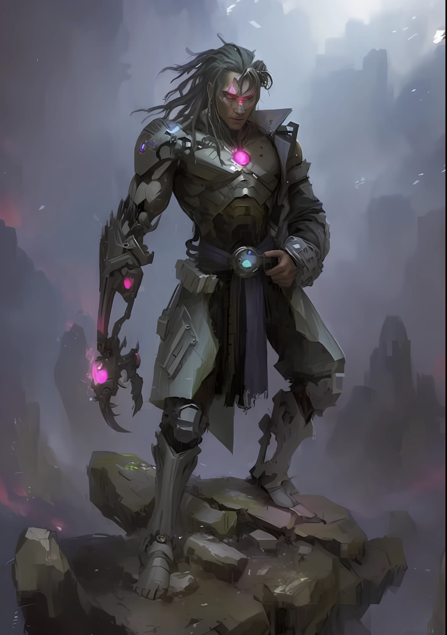 A digital painting of a man with a sword standing on a rock, pictorial humanoid mecha, cyborg Hindu godbody (cyborg), muscular male undead cyborg, cyborg necromancer, epic sci-fi character art, sci-fi character epic art, scifi character epic art, complex fantasy character, post-apocalyptic mystical cyborg, benevolent cyborg necromancer, cyborg cyborg steampunk
