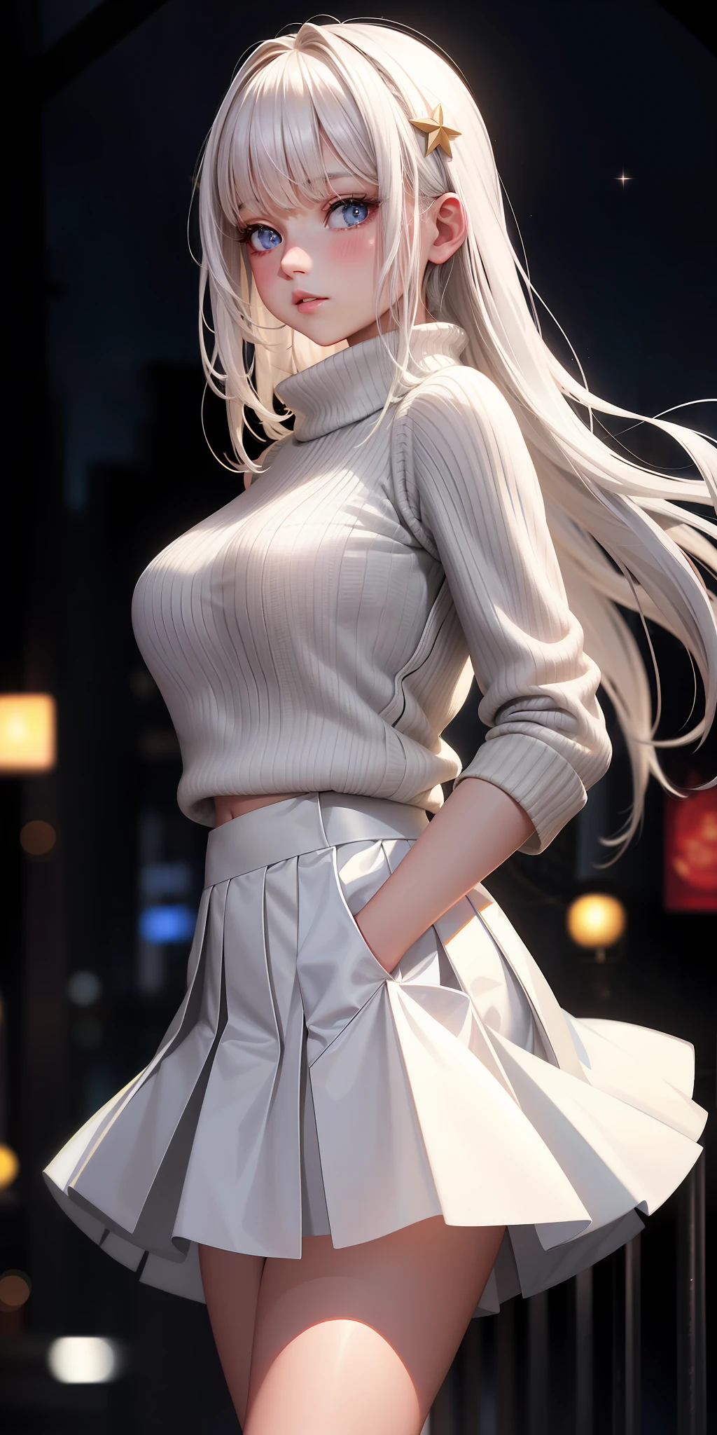 White-haired girl, pure, realistic, 1girl, star eyes, backlight, love chestless sweater, skirt, parted lips, blush, night,