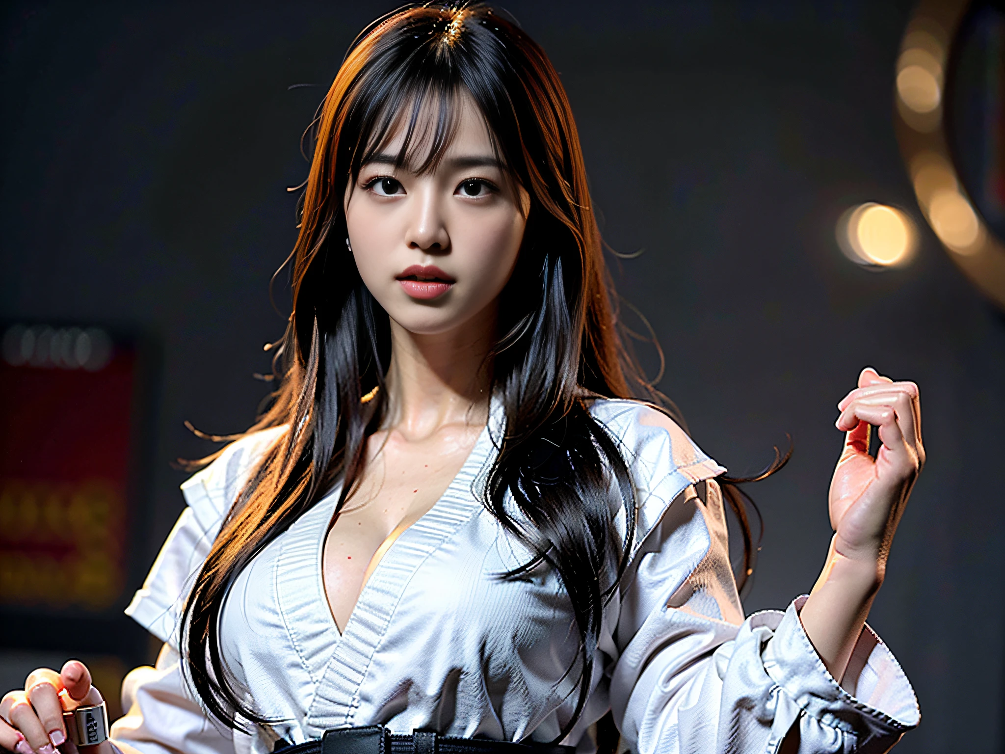 1girl, (8K, super realistic, realistic photo, highest quality) (sweat 1.6), karate clothes, white karate suit, F cups, cleavage, slim figure, sexy, long black hair, straight hair, facing the audience,